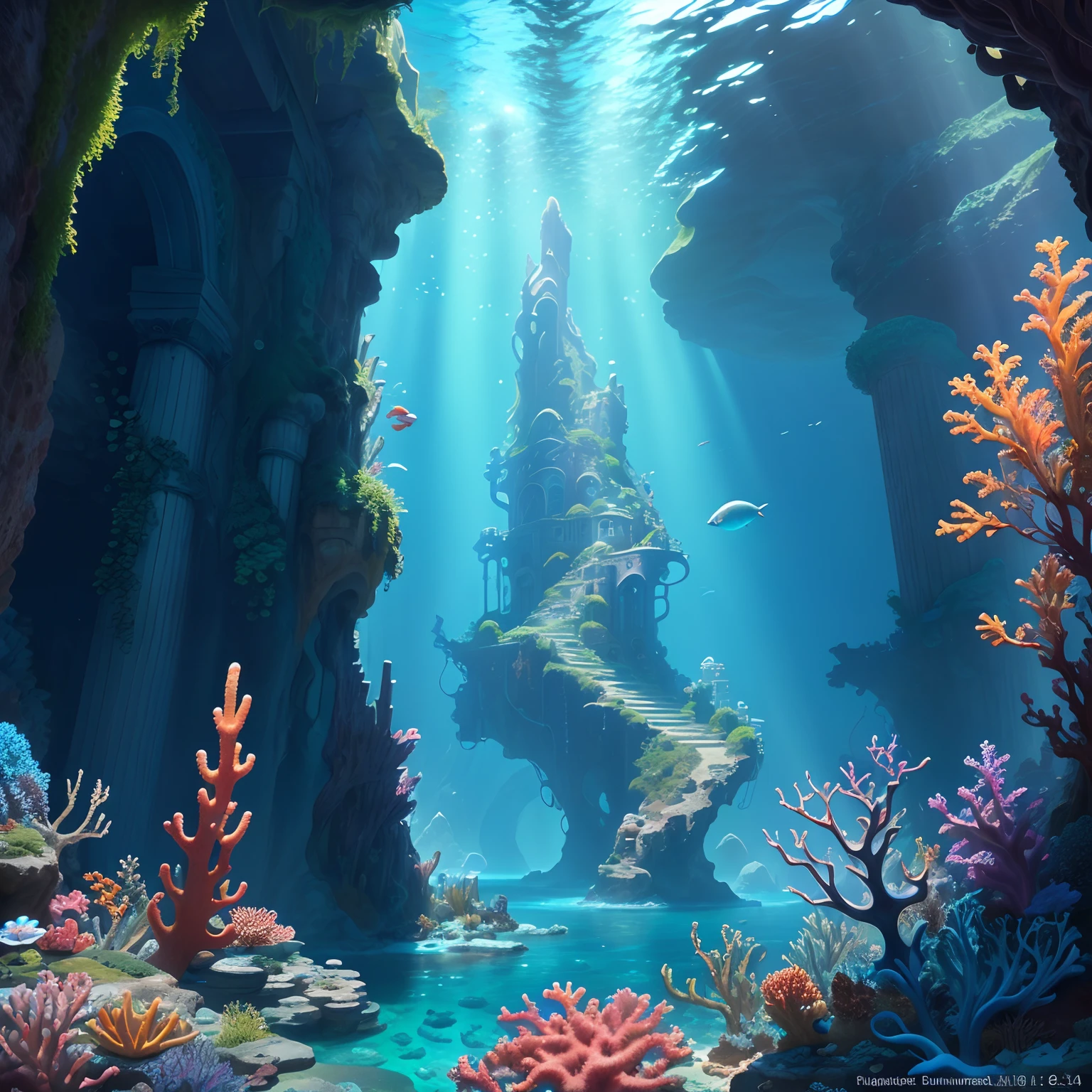 The underwater world of Atlantis, deep sea, epic reality, (hdr: 1.4), dappled sunlight, cool colors, ancient ruins, ocean-type houses full of design sense, deep-sea creatures, coral, fantastic and incredible, epic composition , (Complicated Detail), (Complicated Detail, Ultra Detail: 1.2), Art Station, (Masterpiece, Best Quality) --v 6
