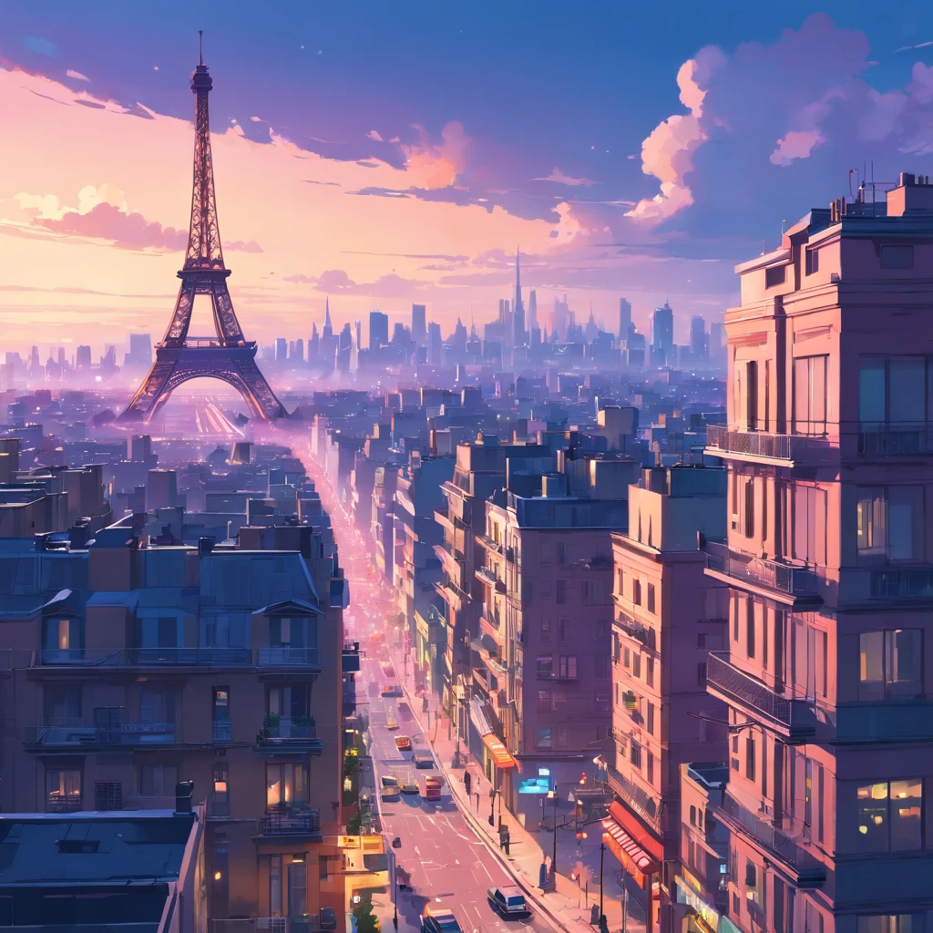 A close-up of a city with large buildings ((( The real Eiffel Tower in the center of the background))), inspired by Liam Wong, Cyberpunk art style, Lofi art, in style of laurie greasley, neo tokyo background, inspired by Kilian Eng, author:kilian eng, art deco outrun anime aesthestic, cyberpunk illustration, cyberpunk theme art, jen bartel, art by Alena Aenami