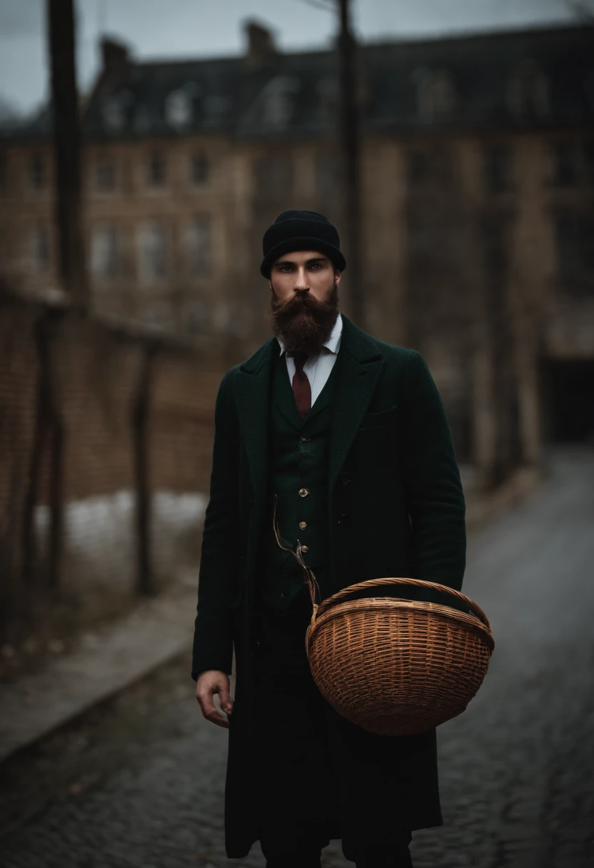 Gros homme, 24 ans, monocle, bonnet, grande barbe, Debout, Corps entier, photographie, Rue sombre, 8k, realism, winter clothes, basket-ball