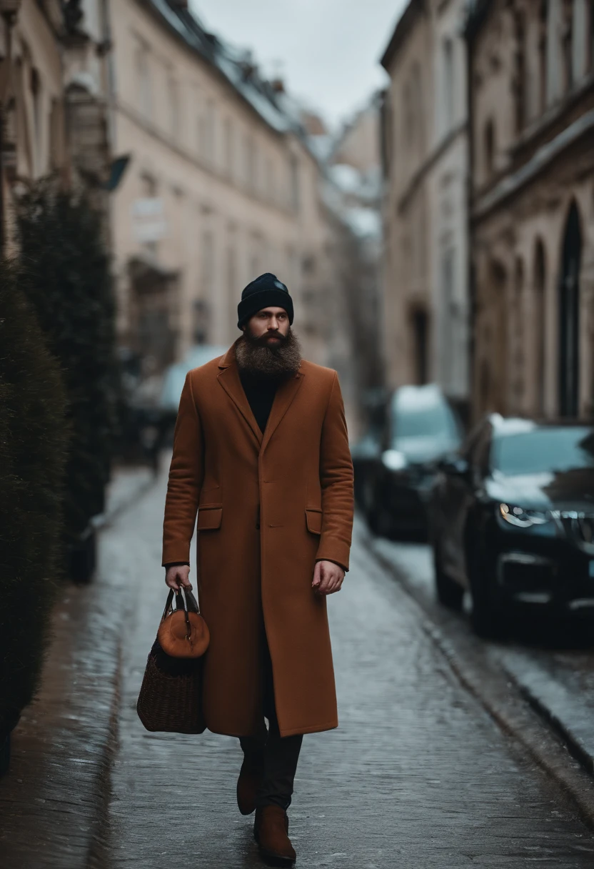 Gros homme, 24 ans, monocle, bonnet, grande barbe, Debout, Corps entier, photographie, Rue sombre, 8k, realism, winter clothes, basket-ball