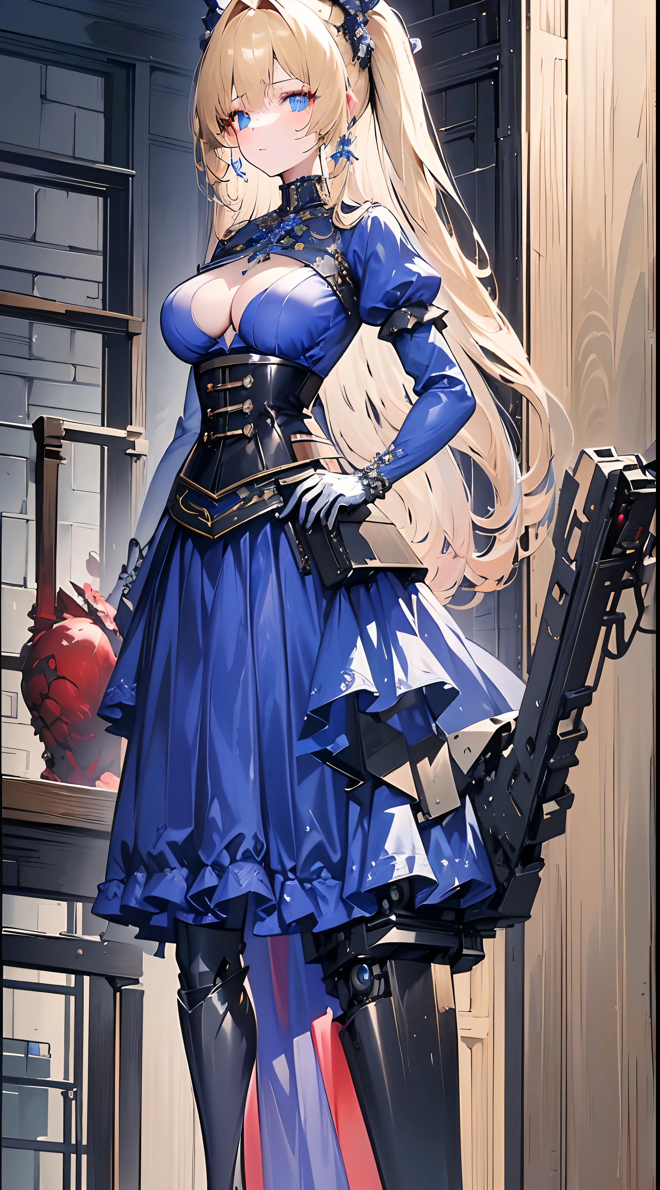 (((​masterpiece)))、((top-quality))、(The ultra-detailliert)、(CG Illustration)、(a very beautiful woman))、Cinematic Light、((1 Mechanical Girl))、 scientific fiction、Apocalypse、Erotic grotesque、research institute(Beautiful and indulgent:1.2)、(1girl in:1.3)、Facing the front,a blond,Corset Belt,blue high waist skirt,
