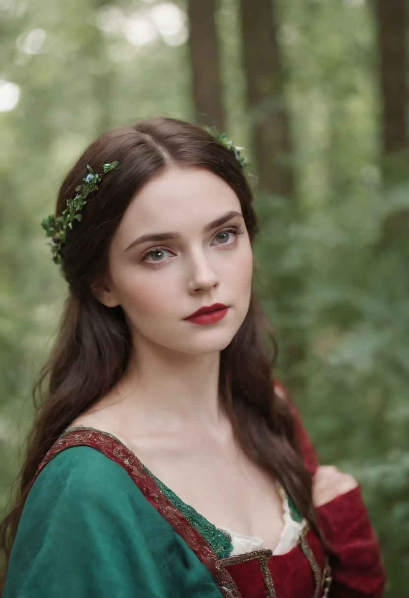 Brunette girl,About nineteen years old,White skin,green pupills,Red medieval dance skirt,blue gem