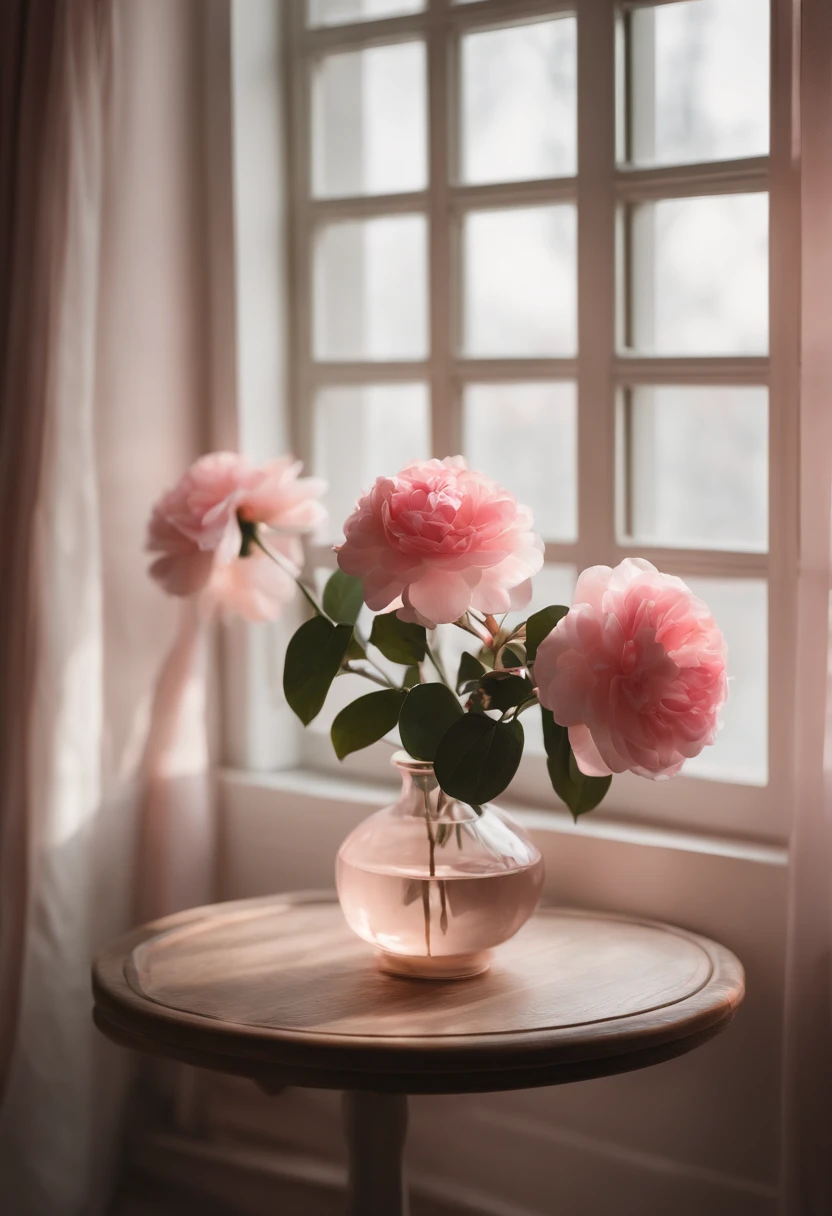 there is a vase of flowers on a table in front of a window, camelliamix,Small flowers,a digital rendering inspired by Kanō Tan'yū, unsplash, romanticism, japanese flower arrangements, with flowers and plants, with soft pink colors, i dream of a vase flowers, pink flowers, lush flora, lush plants flowers, draped in fleshy green and pink