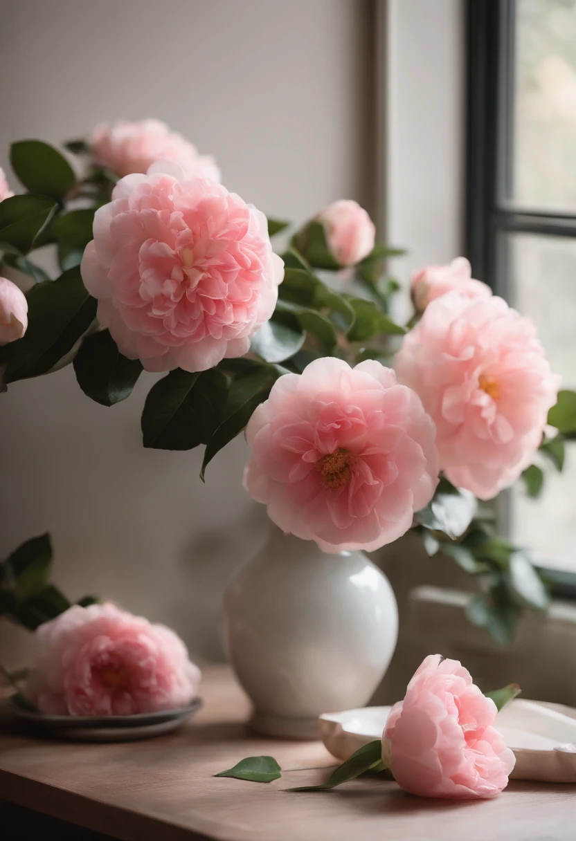 there is a vase of flowers on a table in front of a window, camelliamix,Small flowers,a digital rendering inspired by Kanō Tan'yū, unsplash, romanticism, japanese flower arrangements, with flowers and plants, with soft pink colors, i dream of a vase flowers, pink flowers, lush flora, lush plants flowers, draped in fleshy green and pink