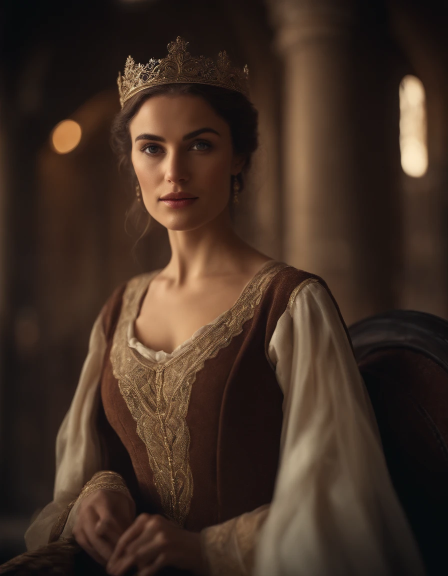 Cinematic portrait, ((Upper body)), Facing the audience, (reality :1.3), most beautiful artwork photo in the world, A woman looks at the camera, European medieval court dresses, Gorgeous, Soft gauze, Detailed beautiful face, Action shooting, (Intricate :1.4), Medieval court background, photograph realistic, CG, Art Station