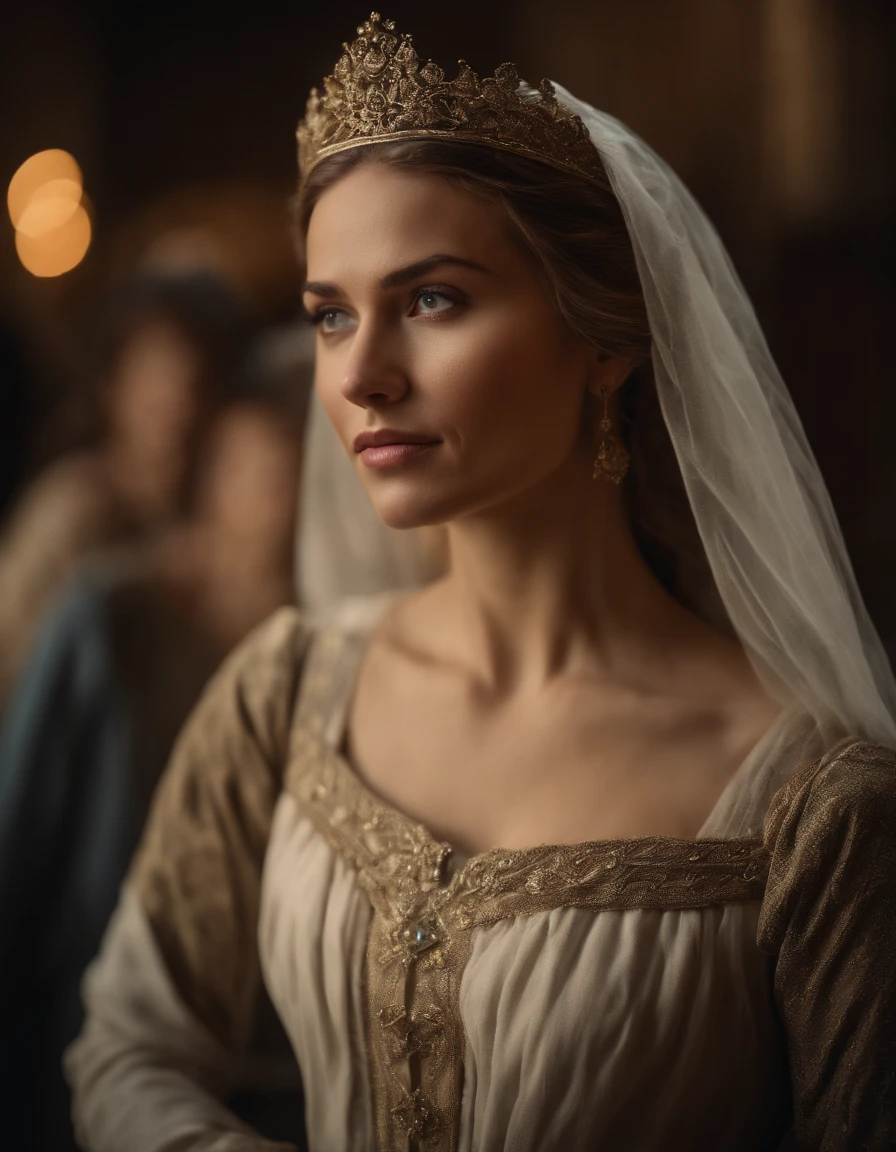 Cinematic portrait, ((Upper body)), Facing the audience, (reality :1.3), most beautiful artwork photo in the world, A woman looks at the camera, European medieval court dresses, Gorgeous, Soft gauze, Detailed beautiful face, Action shooting, (Intricate :1.4), Medieval court background, photograph realistic, CG, Art Station