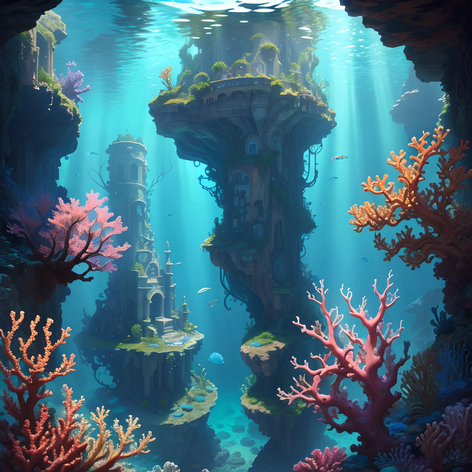 The underwater world of Atlantis, deep sea, epic reality, (hdr: 1.4), dappled sunlight, cool colors, ancient ruins, ocean-type houses full of design sense, deep-sea creatures, coral, fantastic and incredible, epic composition , (Complicated Detail), (Complicated Detail, Ultra Detail: 1.2), Art Station, (Masterpiece, Best Quality) --v 6