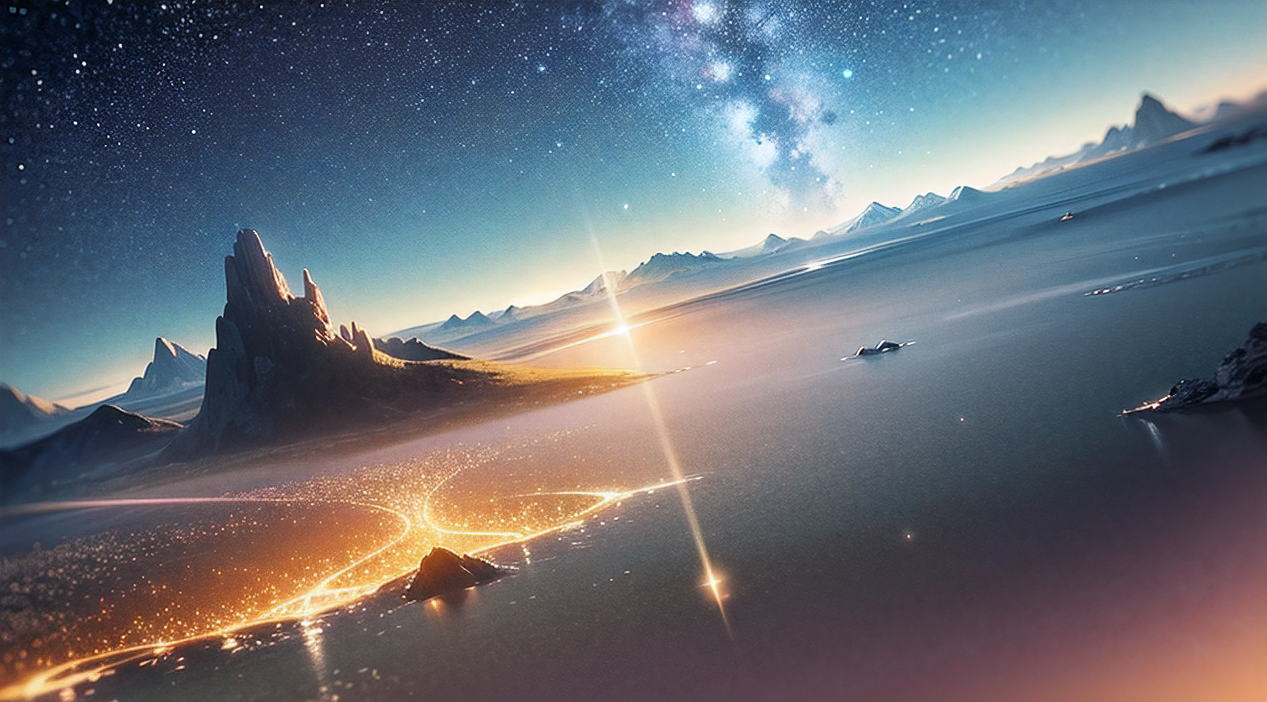 Starry Sky with Mountains and Lake, Jessica Rossier, Inspired by Jessica Rossier, Jessica Rossier Fantasy Art, Concept Art Magic Highlights, Official Artwork, Dream Painting, Ethereal Realm, Atmospheric artwork, dreamy matte paintings, serene endless stars inspired by Ted Nasmith, moonlit starry environments, epic music album covers. --auto
