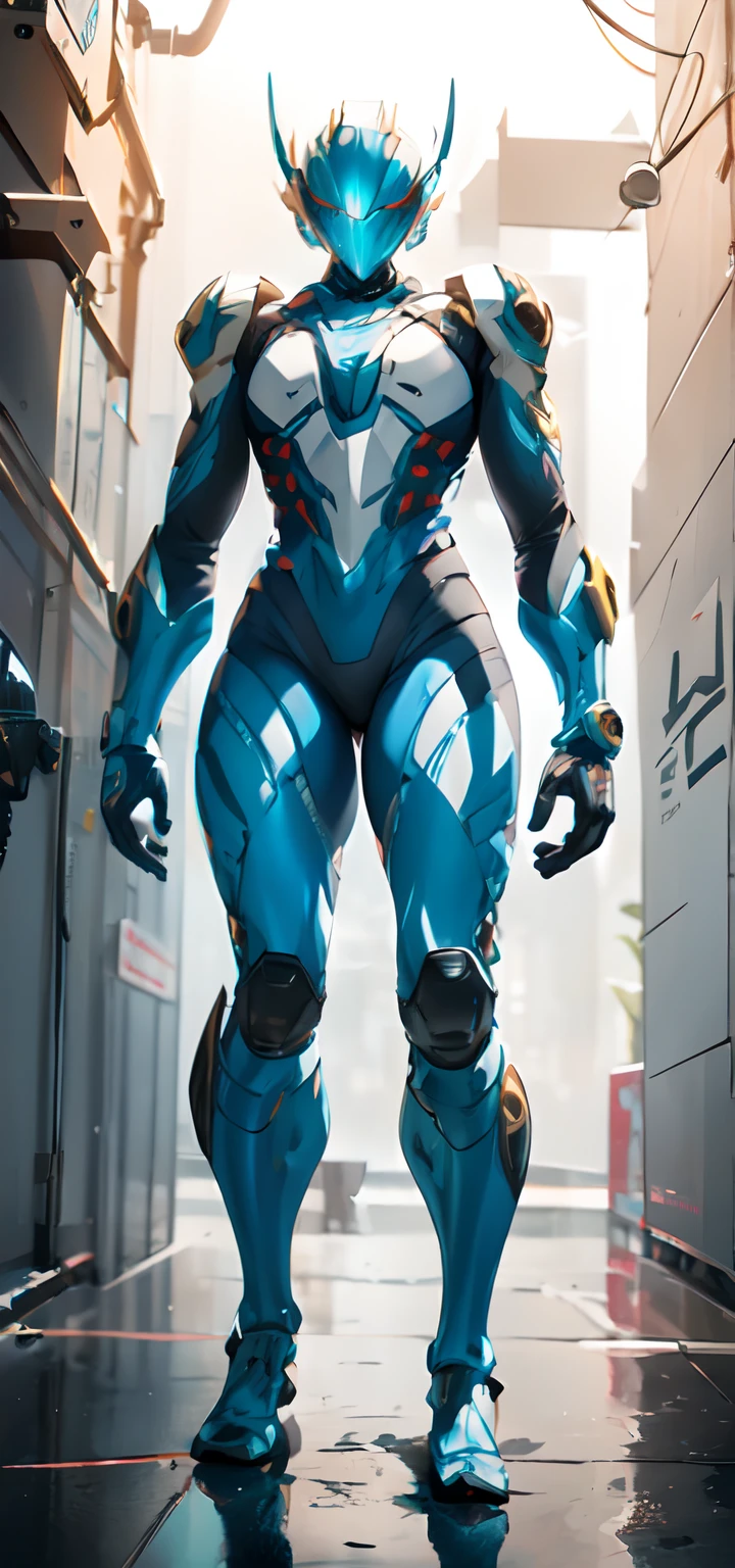 SYMETRICAL, kamen rider, tokusatsu, super sentai, standing, default pose, full body, boy, man, male solo, masterpiece, highres, 4k, high quality, digital art, armor, white armor, blue stripes, futuristic armor, blue eyes, full armor, kamen rider, super sentai