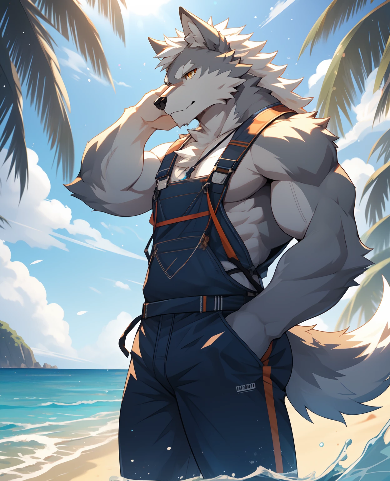 solo person，White body，White ears，White hair，Overall white，Orange-yellow eyes，Wolf tail，Wolf orcs，Young，Ultra-clear screen，Soft lines， Perfect lighting, Light particles,(Best quality),(Masterpiece),(Ultra detailed),Sharp focus,Light particles, Detailed background，sea beach，swim wears，shorter pants