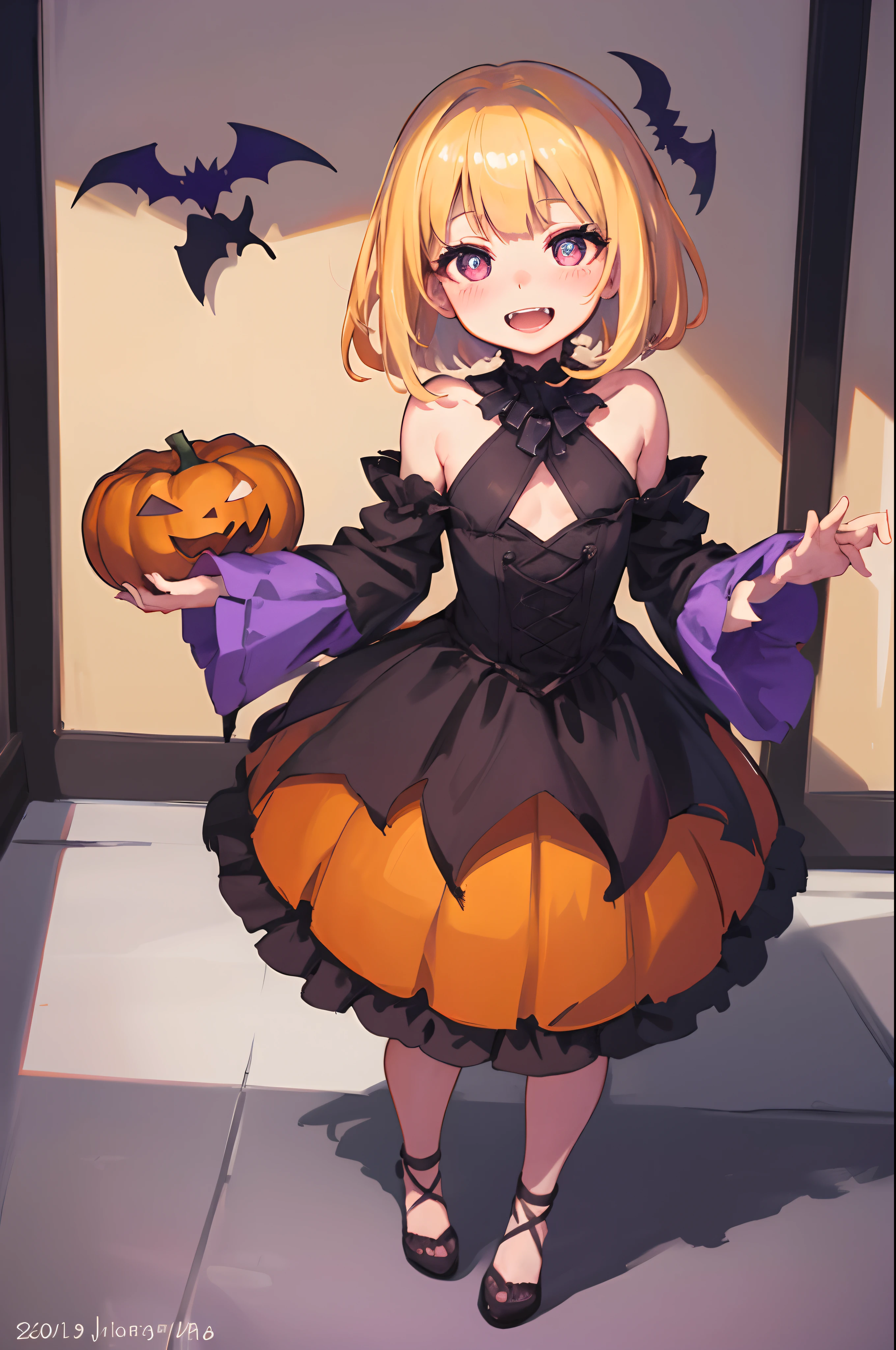 Original Character, Volumetric Lighting, Best Shadows, Shallow Depth of Field, Portrait Of Stunningly Beautiful Girl, Petite, Delicate Beautiful Attractive Face With Alluring Purple Eyes, Broadly Smiling, Open Mouth, Fangs Out, short bob Blond Hair, Blush Eye shadow, Thick Eyelashes, Halloween, stylish, Standing, full body shot, (Highest Quality, Amazing Details:1.25), (Solo:1.3), Brilliant Colorful Paintings