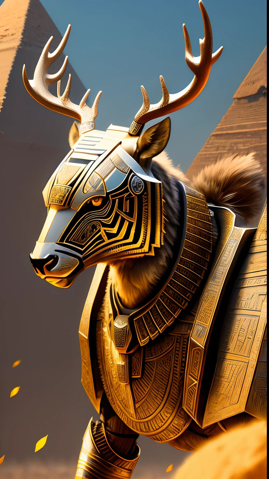 Animalrizz   (( deer )) 10, masterpiece, highres, Absurd,photorealistic portrait, Parley_armature,Egypt,Pyramids, Cute Robot Tiger,In armor ,Wear Parley_armature, Massive futuristic armor, running, move,