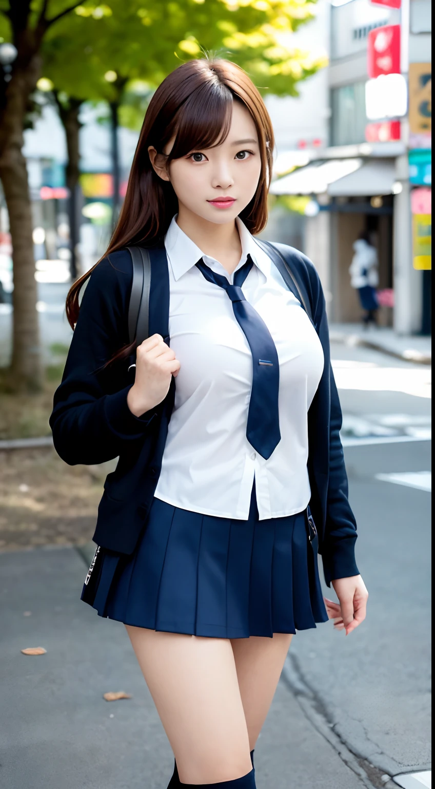 mix4, (16 K, Raw photography, Top image quality, ​masterpiece: 1.45), (realisitic, Photorealsitic: 1.37), one girls, cute little, A city scape,, profetional lighting, photon maping, Downtown Shibuya, physically-based renderingt, Gradient dark brown hair,pony tail hairstyle, a handsome, Well-groomed and beautiful eyes、二重まぶた、girl with, (((School Uniform Blazer、Long sleeve shirt worn by Japan high school girl、Cardigan、neck tie、Dark blue mini skirt,、Dark blue knee-high socks、Black loafers))), Top Quality Photos, hight resolution, 1080p, (clearface), (Detailed face description), (Detailed hand description), (​masterpiece), (Exquisite CG)、extreme light and shadows、dishevled hair、master work、abundant detail、(Fine facial features)、(top quality photo)、(masuter piece)、(A detailed eye)、Look in front of you、Fine clavicle、((Slender big))、(((Japan schoolgirl wears a long-sleeved shirt)))、((Neat and clean idol))、((Gingko tree-lined shopping street))、(Shooting from random perspectives)、(((Anyway cute)))、耳Nipple Ring、A big smile、Drawing the whole body from the knees、Do not draw nasolabial folds、(((Sports bags used by Japan schoolgirls)))、(Big breasts that hang down big:1.2)、Big buttocks with tension、Two arms and two legs、(((from the front side:0.4)))、bare hand、Left and right symmetrical eyes、