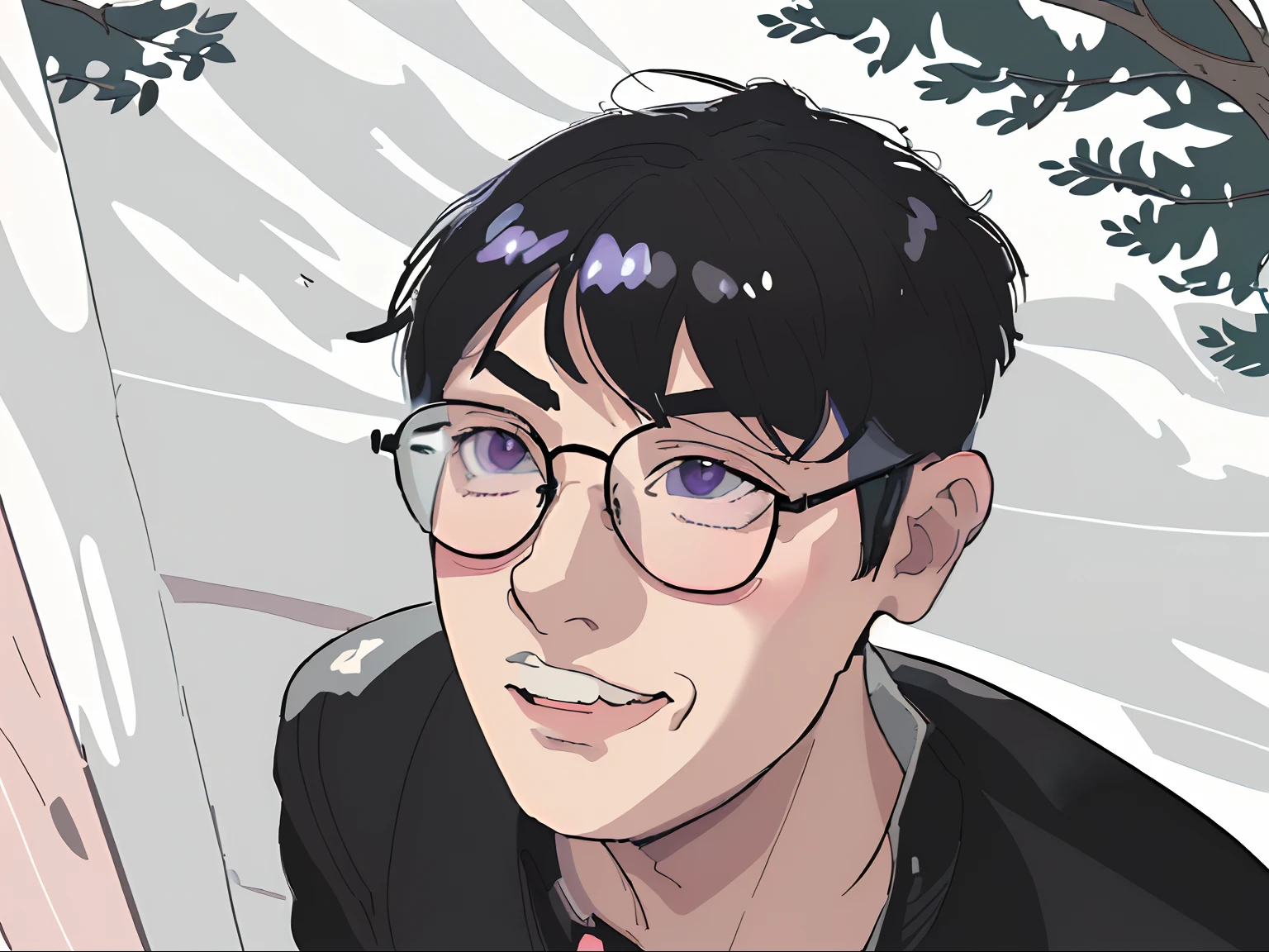 (anime style:1.2),man,wearing glasses,black hair,youthful appearance,intense gaze,stylish outfit,subtle smile,vibrant colors,sunlight filtering through trees,soft lighting,meticulous details,expressive eyes,detailed shading,anime-style hair,cool and confident pose,artistic background,tastefully blurred foreground,LCD screen reflection on glasses