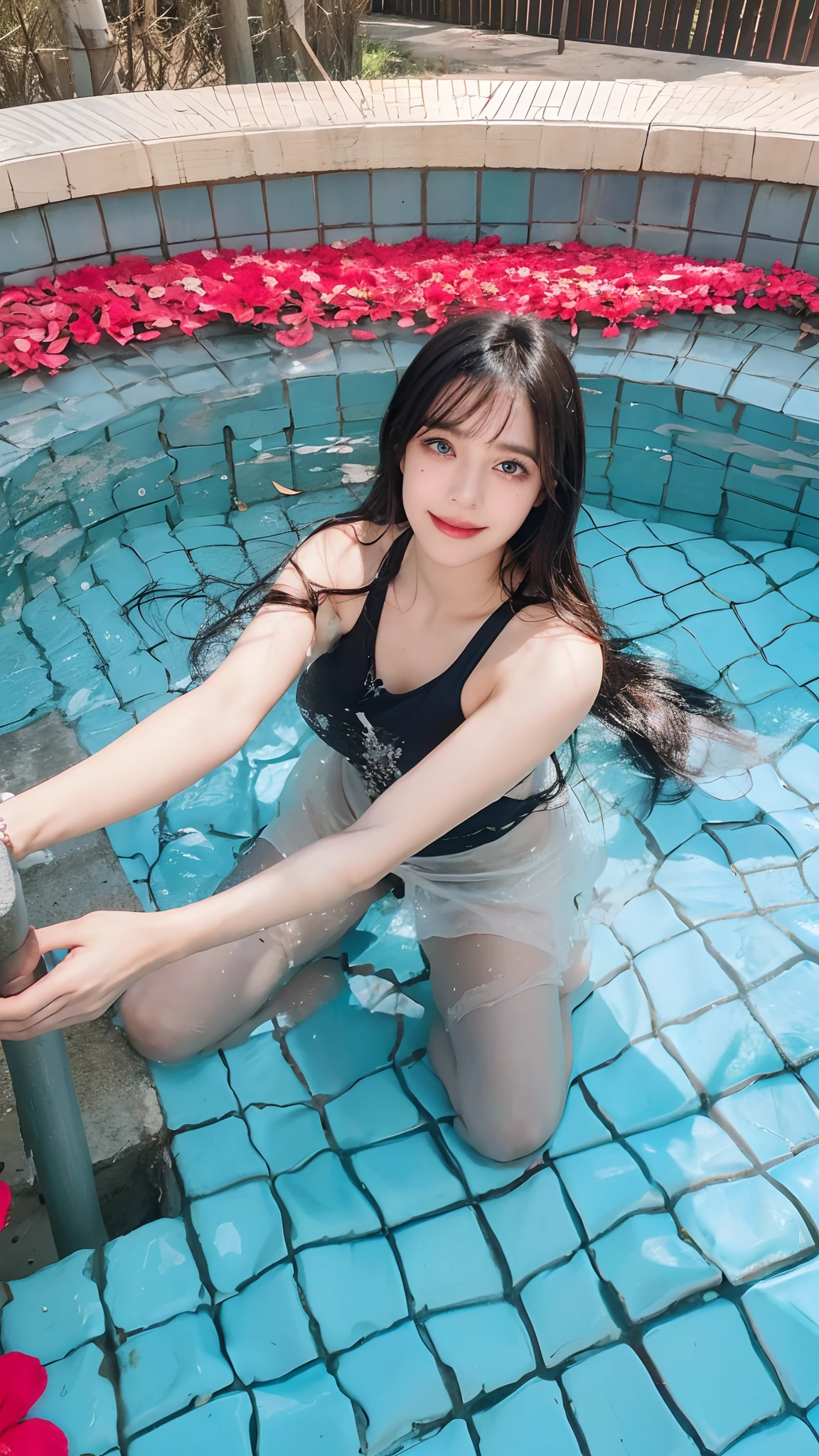 High ponytail, black hair, girly, green eyes, golden earrings, blushing, slightly open mouth, white shirt, black long-sleeved trench coat, black leggings, lace leggings, the whole body is soaked in blue viscous liquid, clothes are dissolved, legs are slightly open, the bottom is filled with liquid, very comfortable, clothes dissolve, one hand pinches his chest