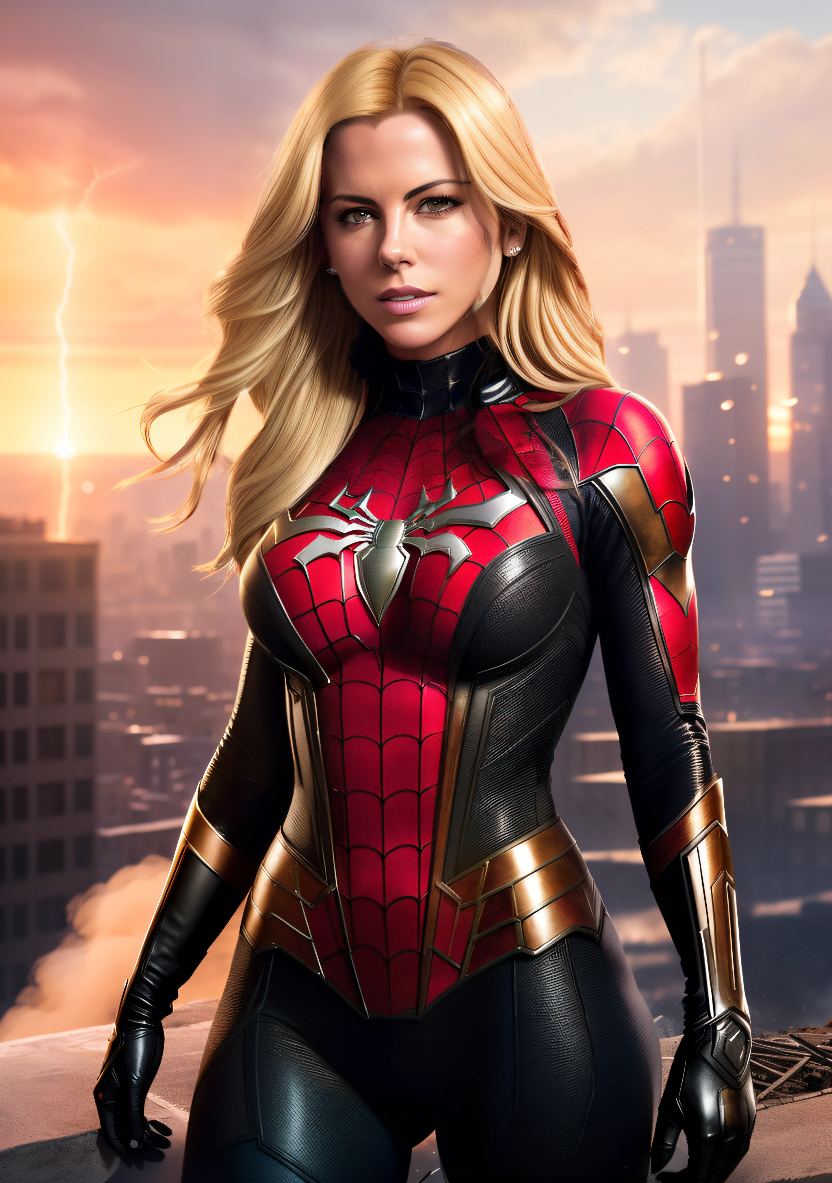 8k, Ultra HD, super details, high quality, high resolution. The heroine Gwen Stacy looks beautiful as Spider Woman in a full-length photo, her body is sculptural, her short wavy blonde hair is radiant in a perfect combination with her white skin, her bright blue eyes mesmerize everyone. She is wearing her superhero costume. Spider-Woman's costume is a superhero costume that combines spider elements with an elegant and functional design. Generally, the outfit consists of a tight bodysuit, often in shades of red and blue, with stylized spider web details. Additionally, Spider-Woman often wears boots and gloves that complement her costume. She looks very sexy, drawing attention to her big breasts and thick legs.