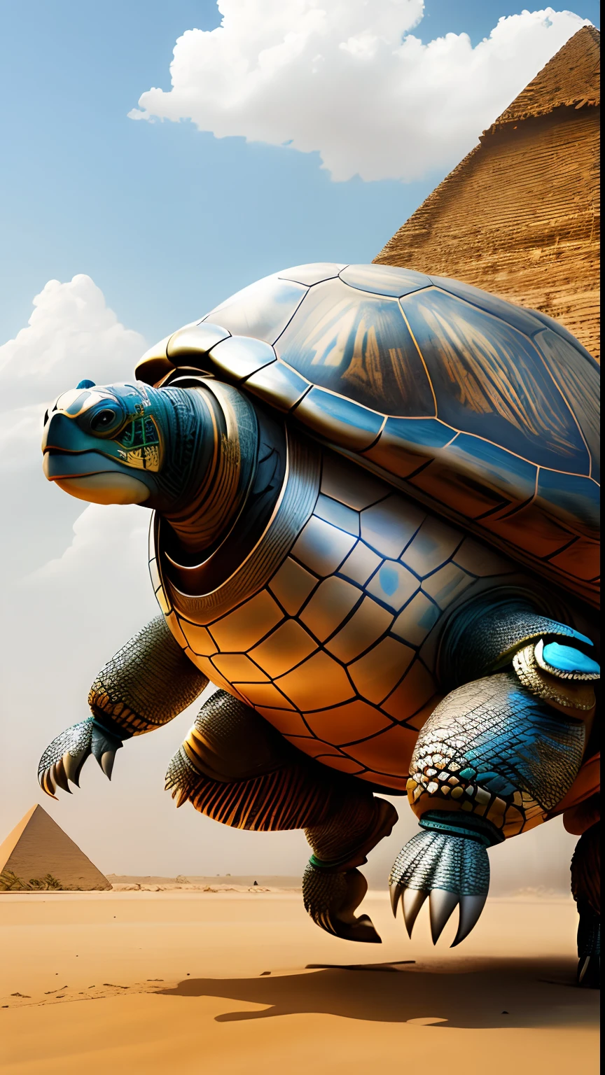 Animalrizz   (( turtle )) 10, masterpiece, highres, Absurd,photorealistic portrait, Parley_armature,Egypt,Pyramids, Cute Robot Tiger,In armor ,Wear Parley_armature, Massive futuristic armor, running, move,