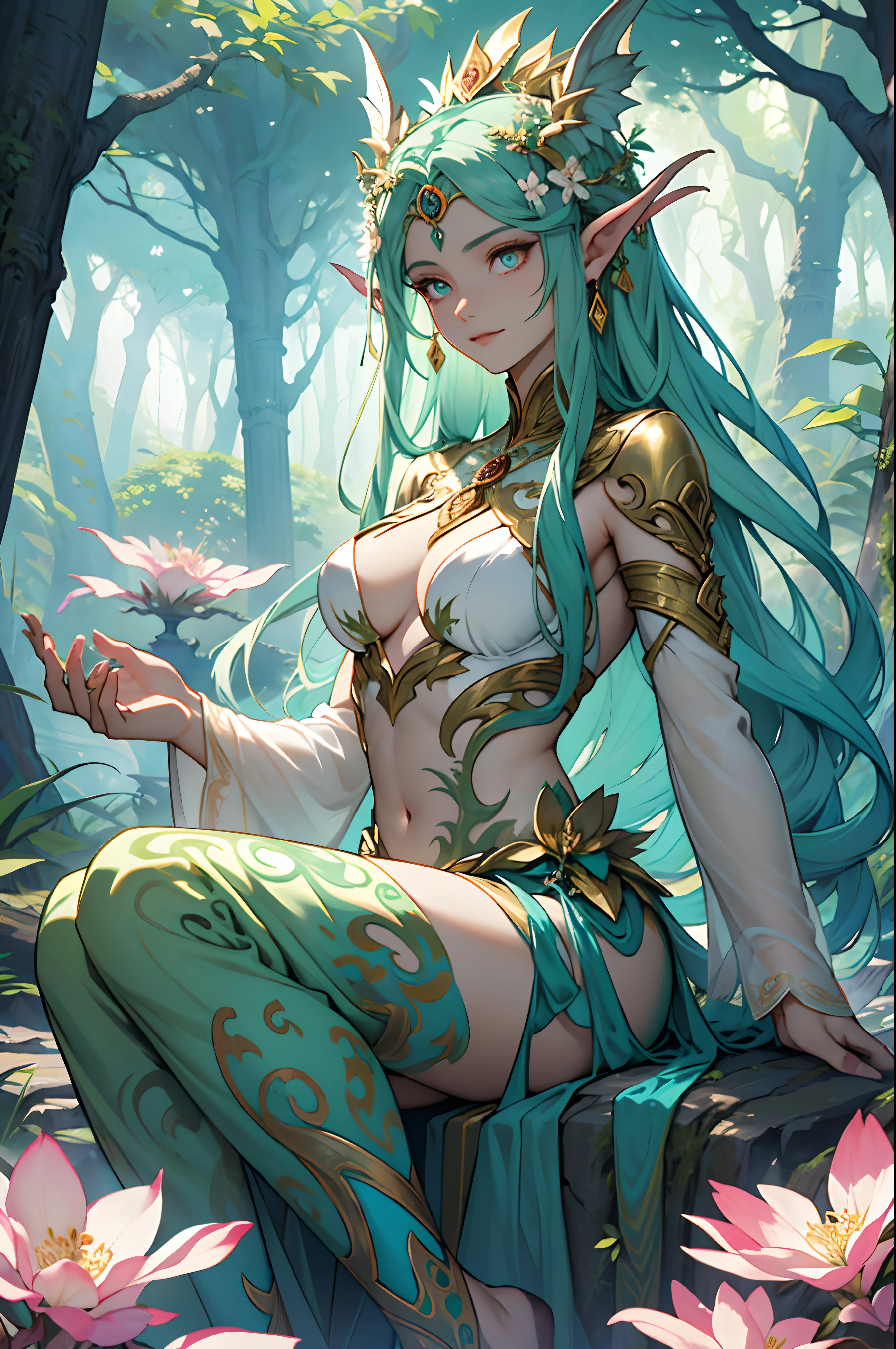 Dracantha is an ethereal forest guardian, her form a fusion of ancient tree roots and lush flora. She is crowned with vibrant blossoms and her eyes are pools of endless wisdom. Dracantha's presence is a sanctuary of nature's wonders, and her tranquil pose conveys the harmony of the natural world.