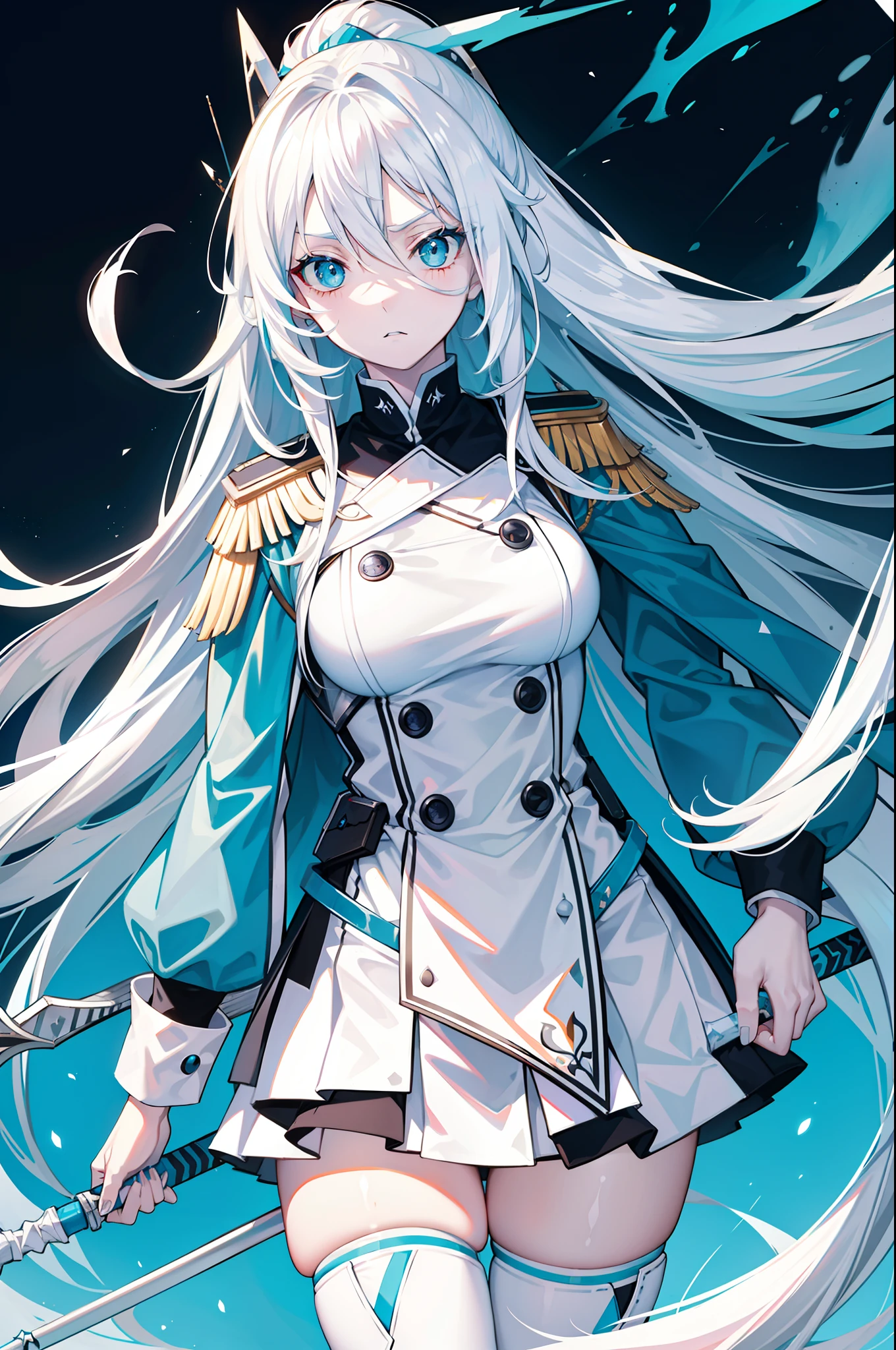 Adult Woman, long white hair, cyan eyes, White General Uniform, spear, Blue Lipstick, irate, masutepiece, hiquality