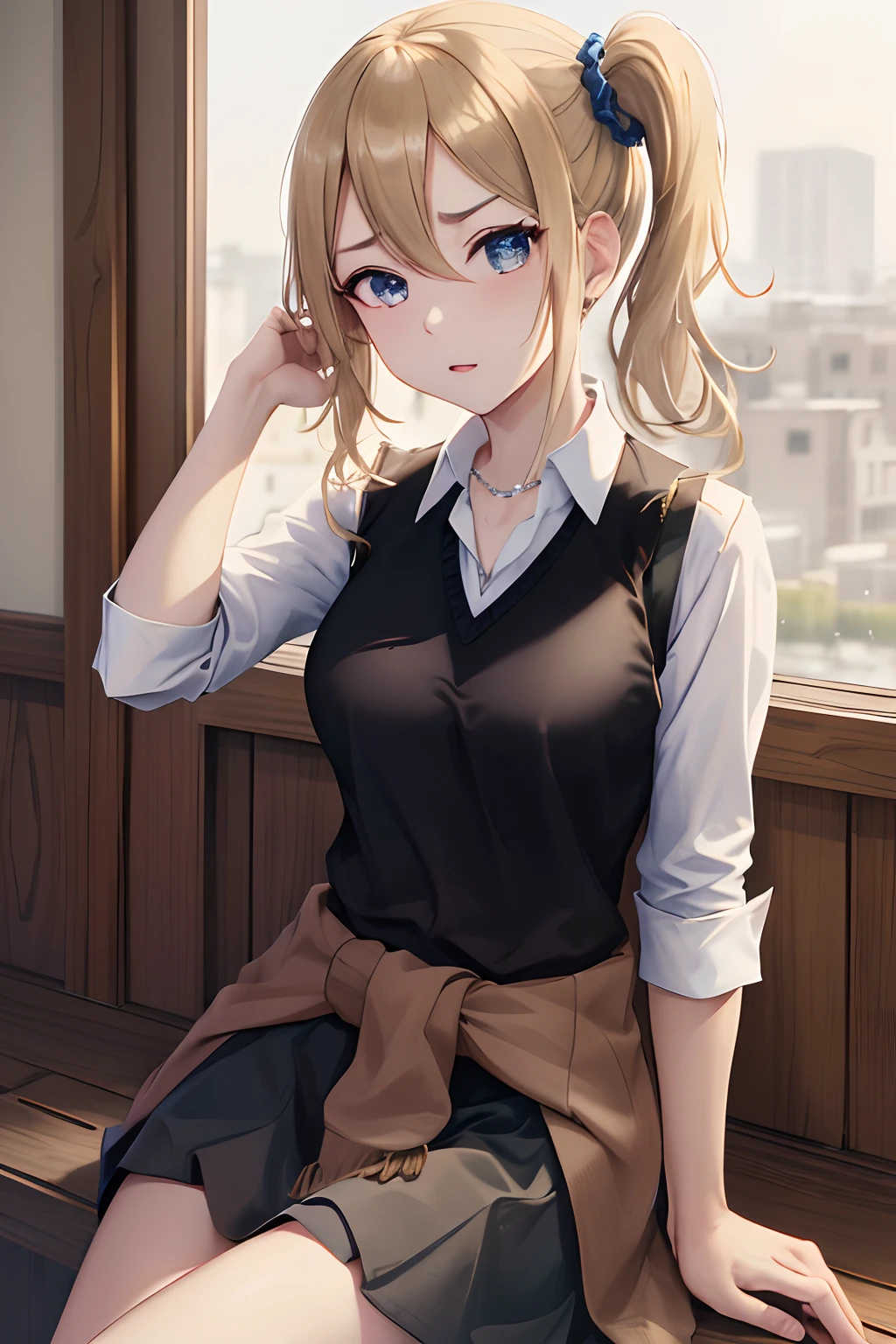 (best quality, masterpiece, UHD, ultra detailed), (beautiful face, detailed eyes, shiny skin, perfect anatomy, professional lighting), BREAK nsfw, (1boy and 1girl having sex:1.4), (cum in pussy:1.3), girl on top, straddling, spread legs, legs up, BREAK aahayasaka, side ponytail, (small breasts:0.9), necklace, collared shirt, black vest, sleeves rolled up, clothes around waist, black skirt, lift up skirt, smile, BREAK detailed background, classroom, desk