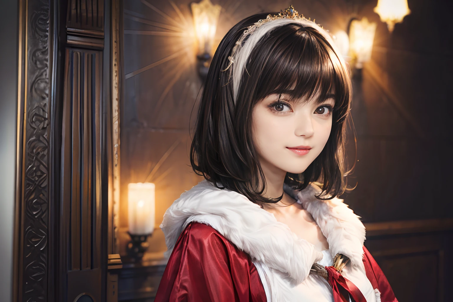67
(a 20 yo woman,is standing), (A hyper-realistic), (Masterpiece), ((A dark-haired、short-hair:1.3)), (Silky hair), (breast:0.5), (kindly smile:0.7), lipsticks, Princess costumes