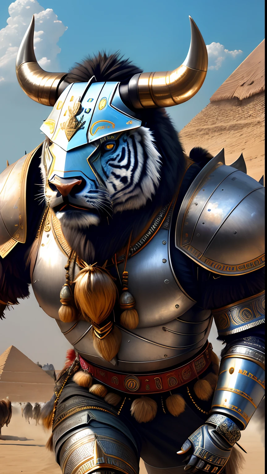 Animalrizz (( buffalo )) 10, masterpiece, highres, Absurd,photorealistic portrait, Parley_armature,Egypt,Pyramids, Cute Robot Tiger,In armor ,Wear Parley_armature, Massive futuristic armor, running, move,