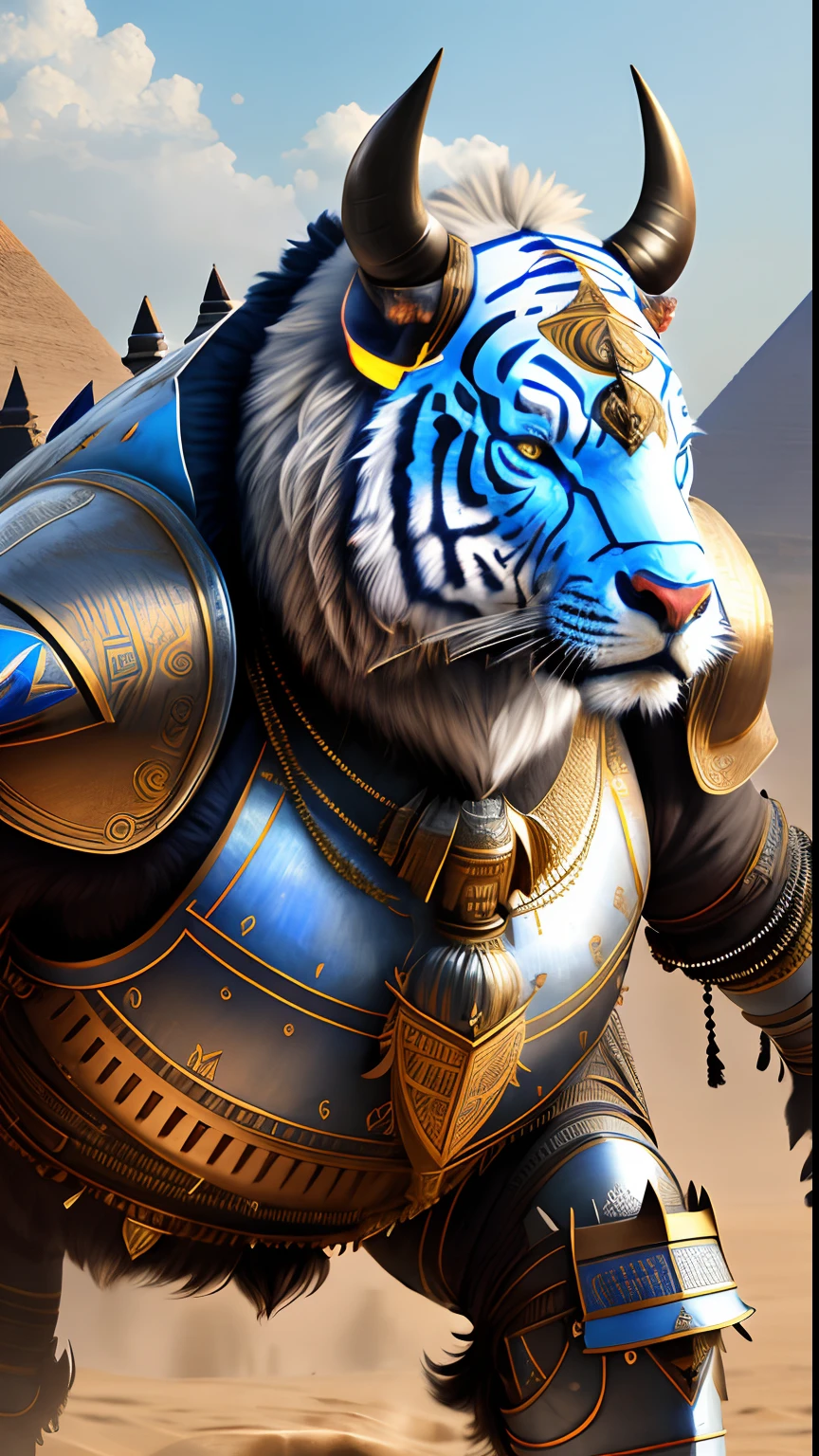 Animalrizz (( buffalo )) 10, masterpiece, highres, Absurd,photorealistic portrait, Parley_armature,Egypt,Pyramids, Cute Robot Tiger,In armor ,Wear Parley_armature, Massive futuristic armor, running, move,