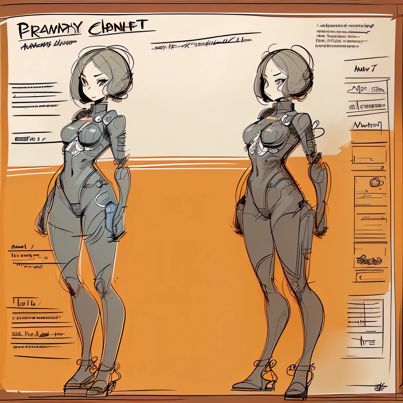 ((character concept art)), ((Character design sheet, same character, front, side))character design, Drawing with Line Drawing, Multiple perspectives, Circuitry, Label, body complet, Line drawing, Sharp lines, readable