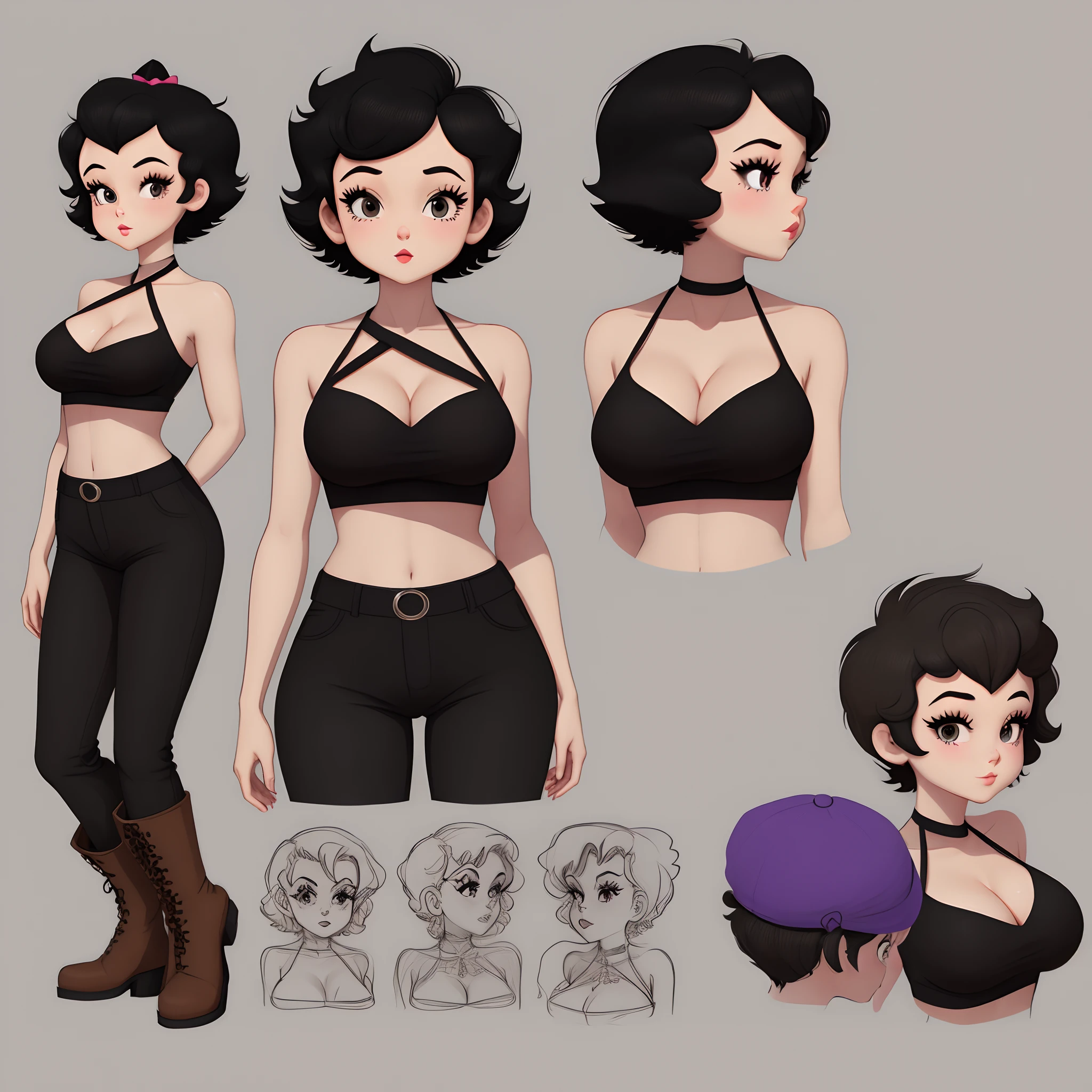 Model sheet, goth girl, busty, black halter top, black pants, black boots, , short hair, Betty boop
