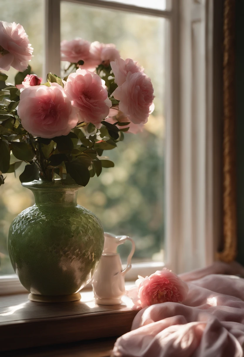 there is a vase of flowers on a table in front of a window, camelliamix,Small flowers,Autumn morning sun,a digital rendering inspired by Kanō Tan'yū, unsplash, romanticism, japanese flower arrangements, with flowers and plants, with soft pink colors, i dream of a vase flowers, pink flowers, lush flora, lush plants flowers, draped in fleshy green and pink