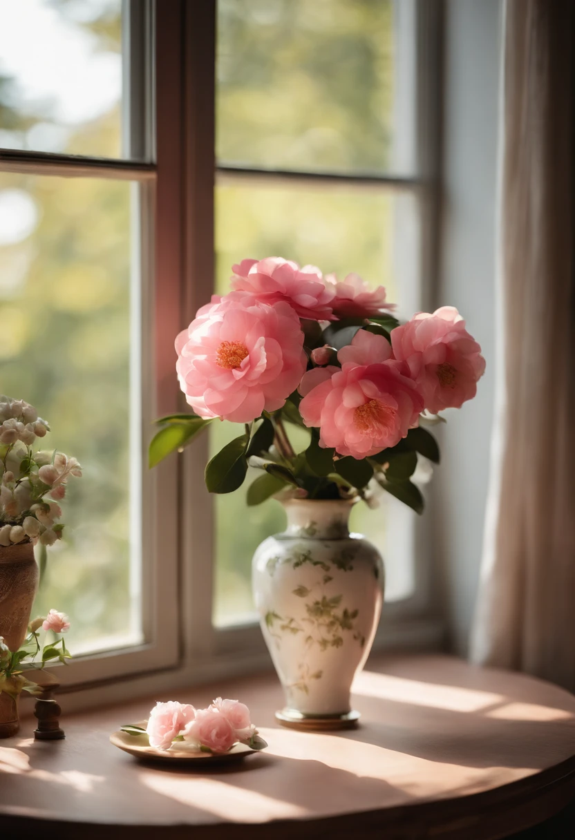 there is a vase of flowers on a table in front of a window, camelliamix,Small flowers,Autumn morning sun,a digital rendering inspired by Kanō Tan'yū, unsplash, romanticism, japanese flower arrangements, with flowers and plants, with soft pink colors, i dream of a vase flowers, pink flowers, lush flora, lush plants flowers, draped in fleshy green and pink