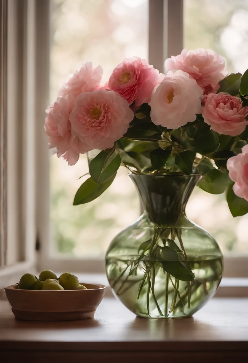 there is a vase of flowers on a table in front of a window, camelliamix，Small flowers，Autumn morning sun，a digital rendering inspired by Kanō Tan'yū, unsplash, romanticism, japanese flower arrangements, with flowers and plants, with soft pink colors, i dream of a vase flowers, pink flowers, lush flora, lush plants flowers, draped in fleshy green and pink
