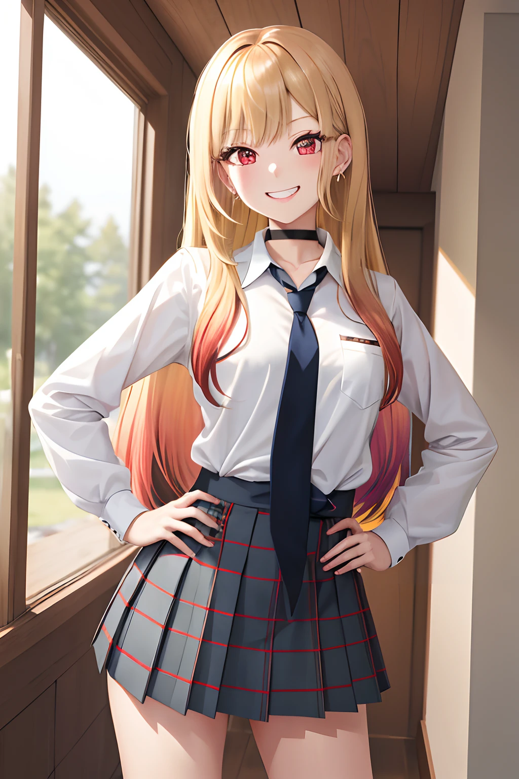 masterpiece, best quality, highres, kitagawa marin, 1girl, blonde hair, long hair, multicolored hair, red eyes, jewelry, earrings, piercing, school uniform, white shirt, tied shirt, black choker, blue necktie, plaid skirt, hands on hips, ,grin, smile, standing, cowboy shot, outdoors,