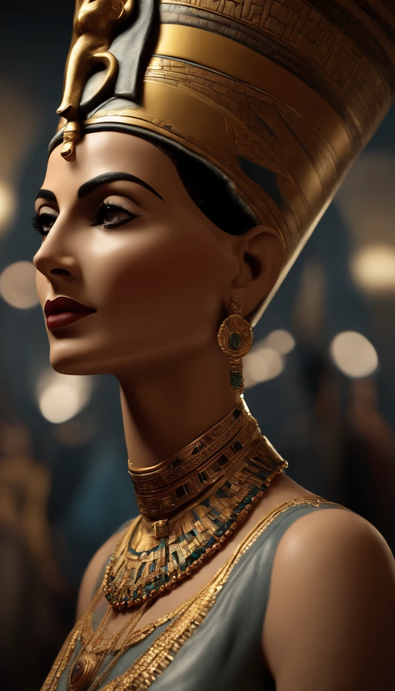 "Create a 4K ultra-realistic image that represents Queen Nefertiti's reign, which marked a period of artistic and cultural flourishing in ancient Egypt. Depict her in a scene surrounded by the artistic achievements and cultural richness of her era, emphasizing her role as a patron of the arts and culture."