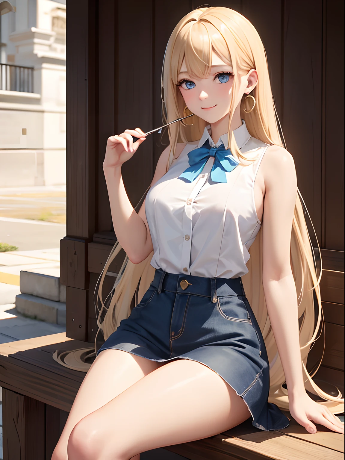 masterpiece:1.2, best quality, ((ultra detailed)), high resolution, 2d, anime style , photo, photography, detailed background, ((very long hair,bronde hair, straight hair,medium breasts,beautiful thighs,earrings))
BREAK
solo,{{blonde hair}},(droopy eyes:1.3),20 years old, (sexy girl,tall face, tall female), ((blue eyes;1.2 )),
BREAK 
cowboy shot,sleeveless shirt,button shirt,medium skirt, pigeon toed,sitting,light smile,terrace,cafe
BREAK
pastel colors:1.4, solid paint:1.2, saturated color, contour