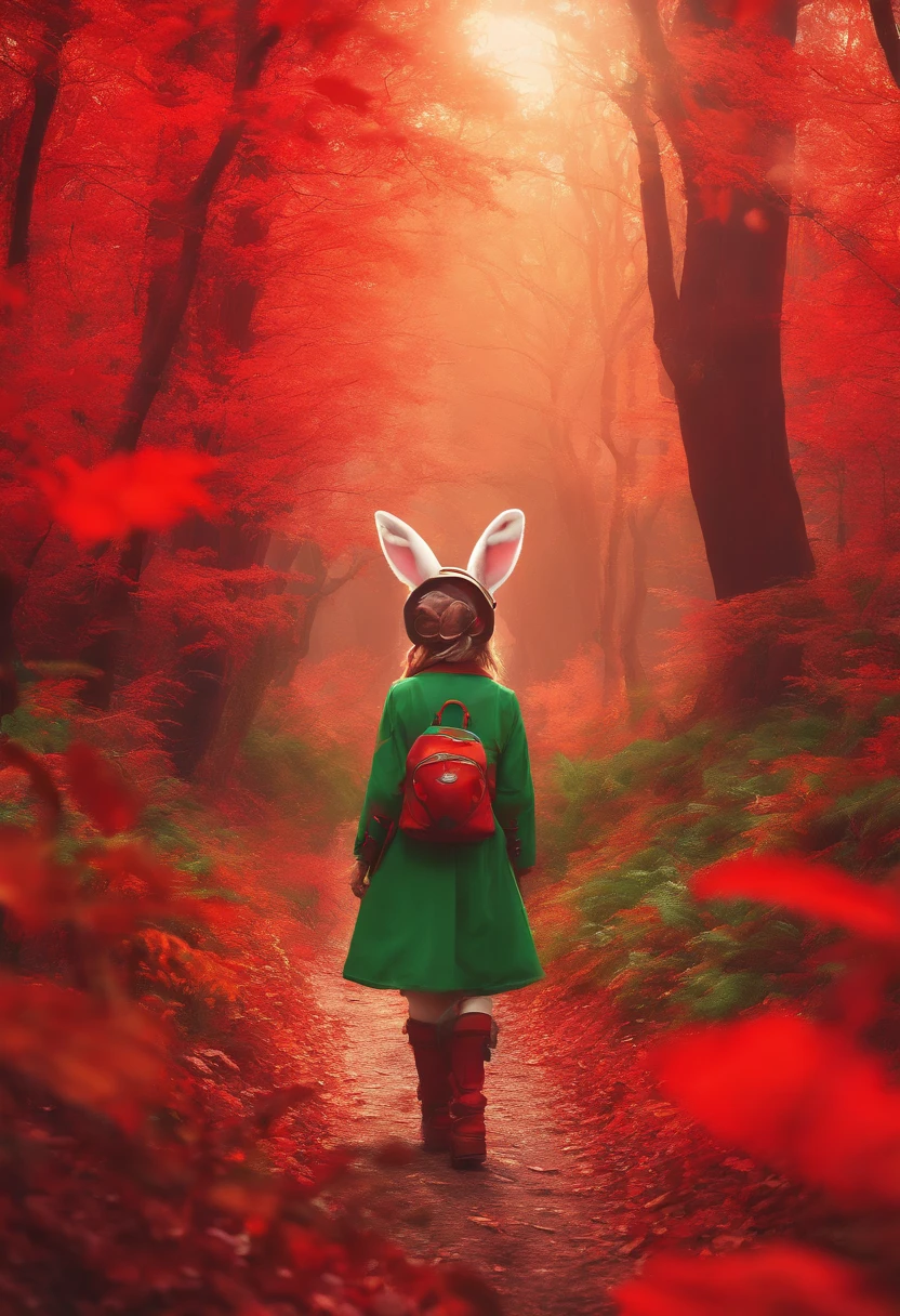 (Photograph of an adventurous little white rabbit sister standing on an autumn foliage path), ,full bodyesbian,(posterior view:1.1),(Bring trekking poles),hairy, Clear and beautiful face, Transparent white paws,(Big green bright eyes), ( Binoculars hanging from her chest) ,(Wearing a green fashion adventure suit, Green fashion adventure pants),(Red hiking boots on his feet),, (cute ears), (Red and green camping hats), (fashionable sunglasses), (Carry a green shoulder bag with you, trowels, camping equipment, A compass associated with many adventure tools,)
Curious to explore expressions, Cartoon, 4D, Fox,Cartoony,(Anthropomorphic cartoon characters) ,
Background: Autumn Leaf Forest Trail Red Forest, autumn forest, red illuminating fog, In a red dream, really beautiful forest, Beautiful forest, Beautiful hazy wood, Red shade spray, Breathable and beautiful trees, breath-taking beautiful trees, red fog, beautiful forests and trees, Bright but dark red, red trees,
a 3D render,concept art of character,Photography,Clear facial features,A beautiful painting by Alphonse Mucha,Pixar style,Cartoon style,beatrix potter (beatrix potter) 's illustration,The work of Furuhiko,Masterpiece,Matte painting,dreamlike realism,magic realism,Dreamlike,author:Owen Blumenfeld,petra collins,author:natalia drepina,Dreamy atmosphere,Whimsical atmosphere,Ethereal atmosphere,Romantic atmosphere,illusory engine,Quixel Megascans Render,v-ray,UE5,High detail,hyper qualit,high resolution,trending on artstationh,8K16K,hyper photorealism,Faraway view, (degrees of freedom),cinema shot,Beautiful lighting, --AR 9:16 --style raw --uplight