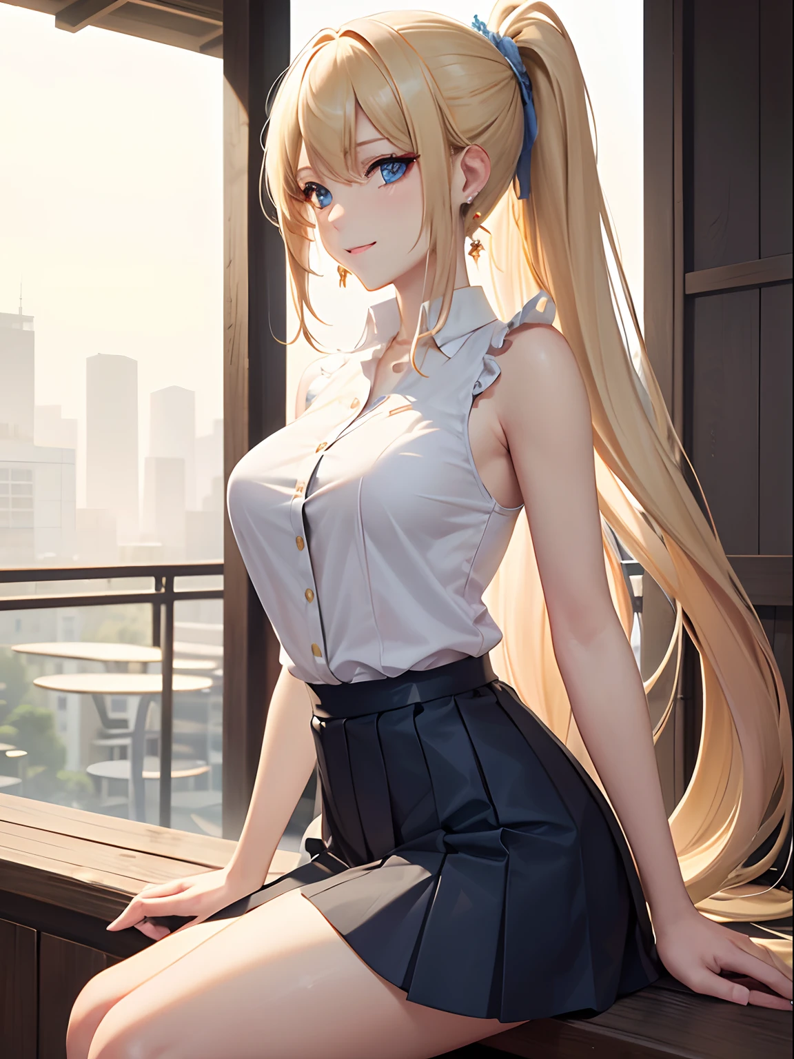 masterpiece:1.2, best quality, ((ultra detailed)), high resolution, 2d, anime style , photo, photography, detailed background, ((very long hair,bronde hair, straight hair,ponytail,medium breasts,beautiful thighs,earrings))
BREAK
solo,{{blonde hair}},(droopy eyes:1.3),20 years old, (sexy girl,tall face, tall female), ((blue eyes;1.2 )),
BREAK
cowboy shot,sleeveless shirt,button shirt,long skirt,pleated skirt,pigeon toed,sitting,light smile,terrace,cafe
BREAK
pastel colors:1.4, solid paint:1.2, saturated color, contour