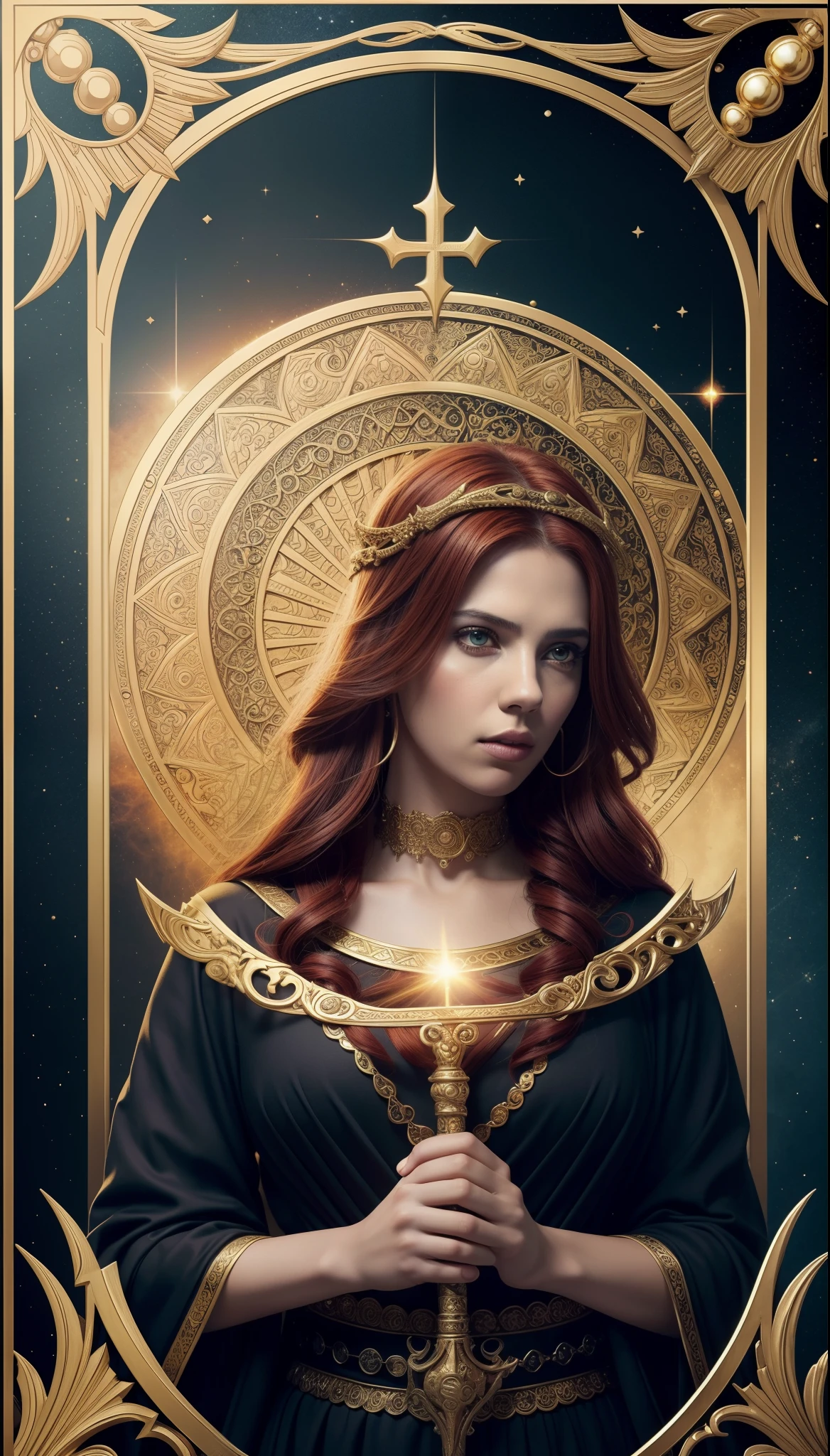 tarot cards，Full tarot border，(The image is surrounded by a tarot card-style border:1.8), (Slender head)scarlettJohansson （Scarlett Johansson） Portrait of a 32-year-old，Hades，（Wearing：black toga，Armed with a giant scythe，），Great giants，angry look，(Hairstyles: with curly red hair，)，Roman mythology，8k wallpaper,finely quality eyes，Right eyes，correct hand， Ultra-detailed, Beautiful and aesthetically pleasing, tmasterpiece, best qualityer, (s fractal art: 1.3), mountain ranges, extremely detaile, dynamic angle, Cowboy shot, The most beautiful forms of chaos, elegant, Fauvistdesign, vivd colour, romanticism lain, volcanoes,hell, Buble, shells, Blood, pearls，magma,火焰, Libra, skulls, Hold the giant scythe，Vintage style，（zentangle，datura，Tangles，entangled）， (s fractal art: 1.3)，holy rays，gold foil，Gold leaf art，glitter drawing，Full tarot border，（Full border 1.5），（The border is centered at 1.8），delicated face，Correct body structure，