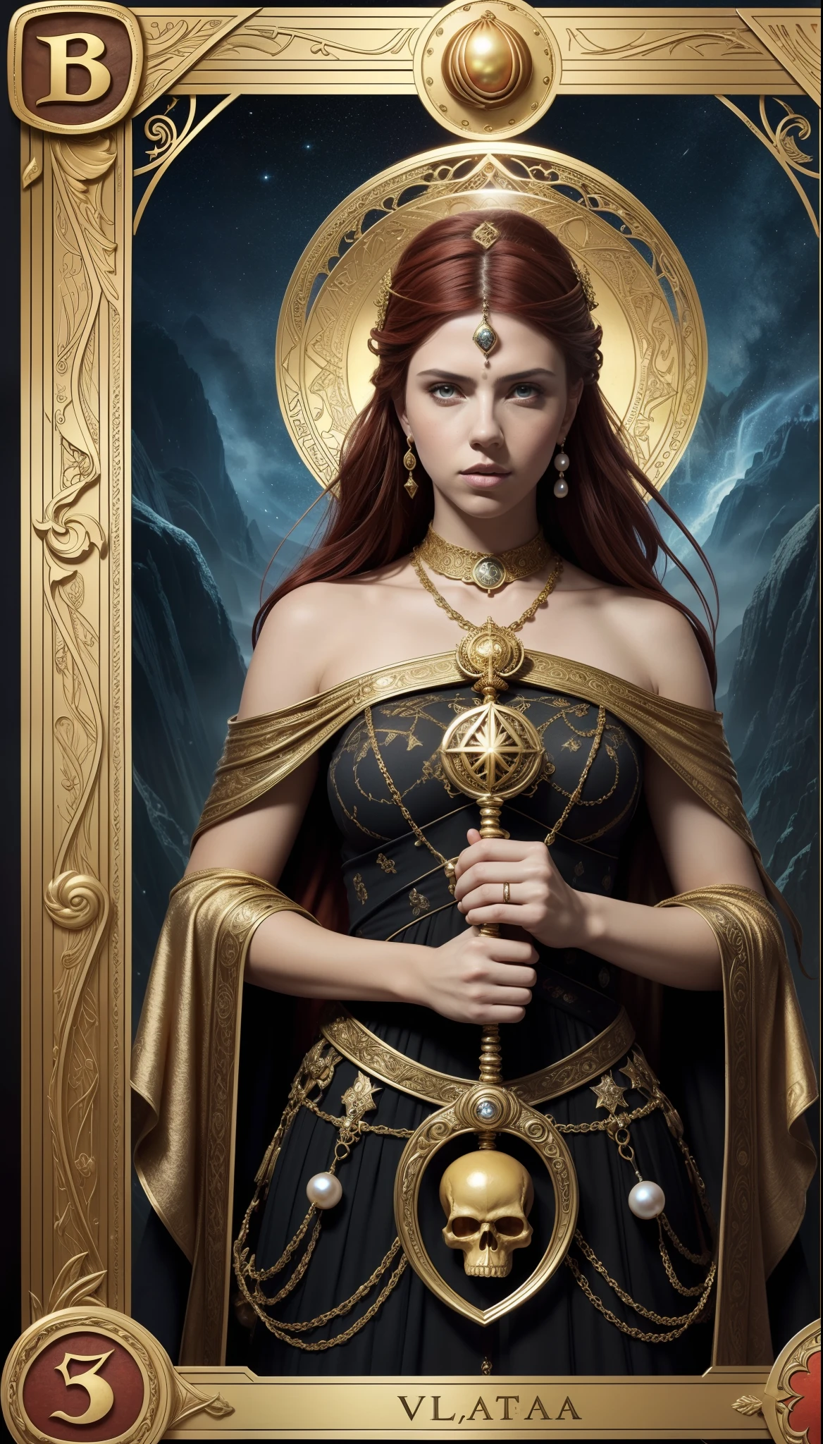 tarot cards，Full tarot border，(The image is surrounded by a tarot card-style border:1.8), (Slender head)scarlettJohansson （Scarlett Johansson） Portrait of a 32-year-old，Hades，（Wearing：black toga，Armed with a giant scythe，），Great giants，angry look，(Hairstyles: with curly red hair，)，Roman mythology，8k wallpaper,finely quality eyes，Right eyes，correct hand， Ultra-detailed, Beautiful and aesthetically pleasing, tmasterpiece, best qualityer, (s fractal art: 1.3), mountain ranges, extremely detaile, dynamic angle, Cowboy shot, The most beautiful forms of chaos, elegant, Fauvistdesign, vivd colour, romanticism lain, volcanoes,hell, Buble, shells, Blood, pearls，magma,火焰, Libra, skulls, Hold the giant scythe，Vintage style，（zentangle，datura，Tangles，entangled）， (s fractal art: 1.3)，holy rays，gold foil，Gold leaf art，glitter drawing，Full tarot border，（Full border 1.5），（The border is centered at 1.8），delicated face，Correct body structure，