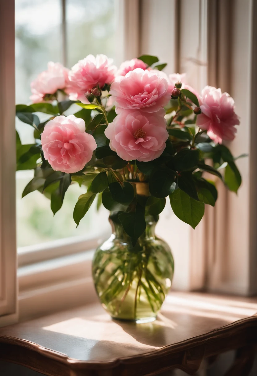 there is a vase of flowers on a table in front of a window, camelliamix,Small flowers,a digital rendering inspired by Kanō Tan'yū, unsplash, romanticism, japanese flower arrangements, with flowers and plants, with soft pink colors, i dream of a vase flowers, pink flowers, lush flora, lush plants flowers, draped in fleshy green and pink