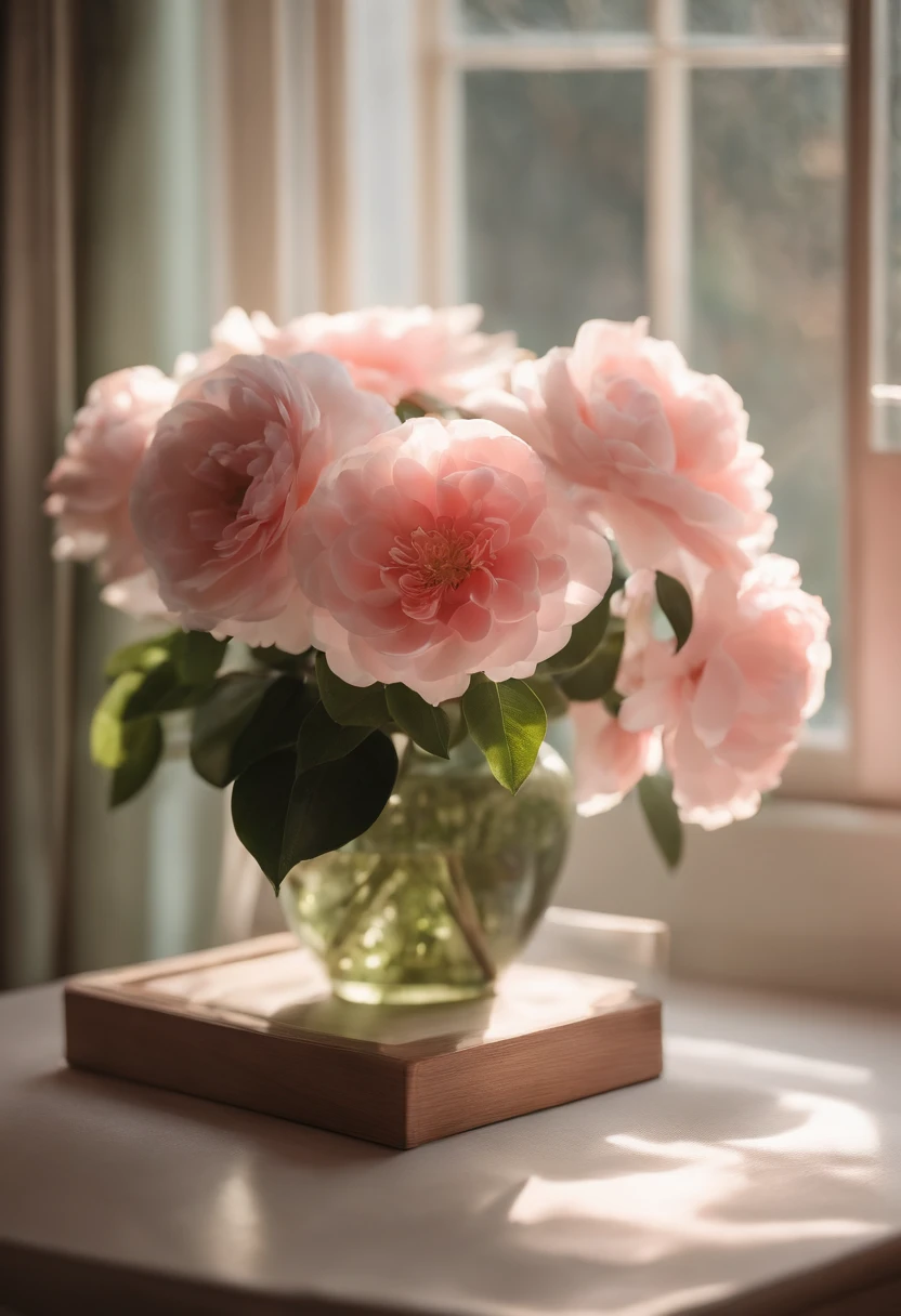 there is a vase of flowers on a table in front of a window, camelliamix,Small flowers,a digital rendering inspired by Kanō Tan'yū, unsplash, romanticism, japanese flower arrangements, with flowers and plants, with soft pink colors, i dream of a vase flowers, pink flowers, lush flora, lush plants flowers, draped in fleshy green and pink