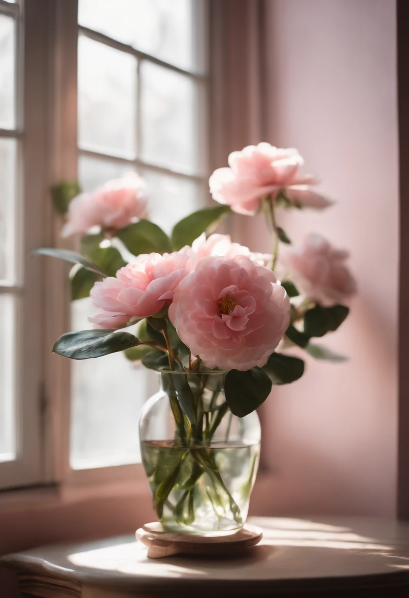 there is a vase of flowers on a table in front of a window, camelliamix,Small flowers,a digital rendering inspired by Kanō Tan'yū, unsplash, romanticism, japanese flower arrangements, with flowers and plants, with soft pink colors, i dream of a vase flowers, pink flowers, lush flora, lush plants flowers, draped in fleshy green and pink