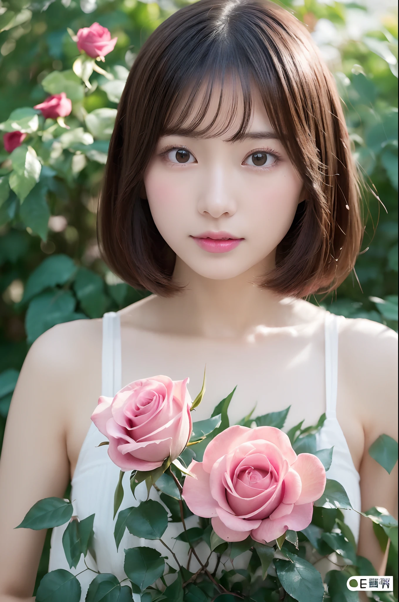 (in 8K,Raw photography,Highest Quality,realisitic,Photorealsitic,extremely delicate and beautiful,Highly detailed,finely detail,ultra-detailliert,hight resolution:1.3),japanes, femele、(age19)、Viewer's Perspective　Beautiful and shiny straight bob hair　Bangs are parted in the middle　Embarrassed look　Half-open lips　(Beautiful fece:1.2) (kawaii:1.3) front facing　Half-open lips　Beautifully groomed hair　((Beautiful pink rose garden on background))、((Accurate and detailed human body:1.3)) Erotic look