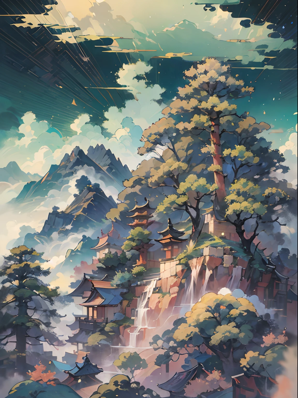 tmasterpiece,best qualityer,Towering mountains,Clouds,The pine trees are lush,long whitr hair,Male Taoist,siluette,4K Ultra HD, 超高分辨率, (pastel colour:1.2)