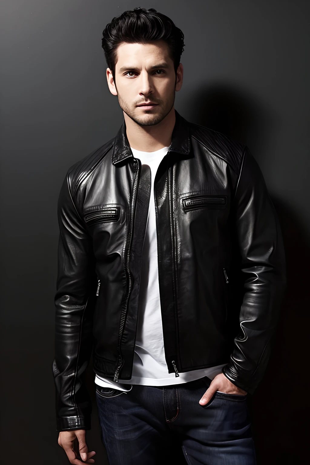 solo , 1man , thai man , leather jacket , grey shirt , blue trousers jeans , happy