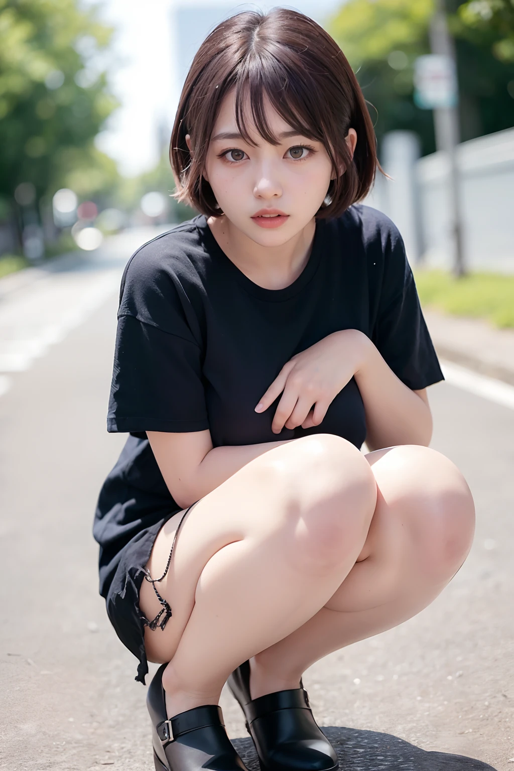 (Best quality, 8k, 32k, Masterpiece, UHD:1.2),Photo of Pretty Japanese woman,black short hair,beauty face,(leaning forward:1.3),squatting,(from above:1.2),(close up:1.4),pov,loose t-shirt,large breasts,(beautiful nipple slip:0.9),outdoors,windy,shiny skin,blurry background,