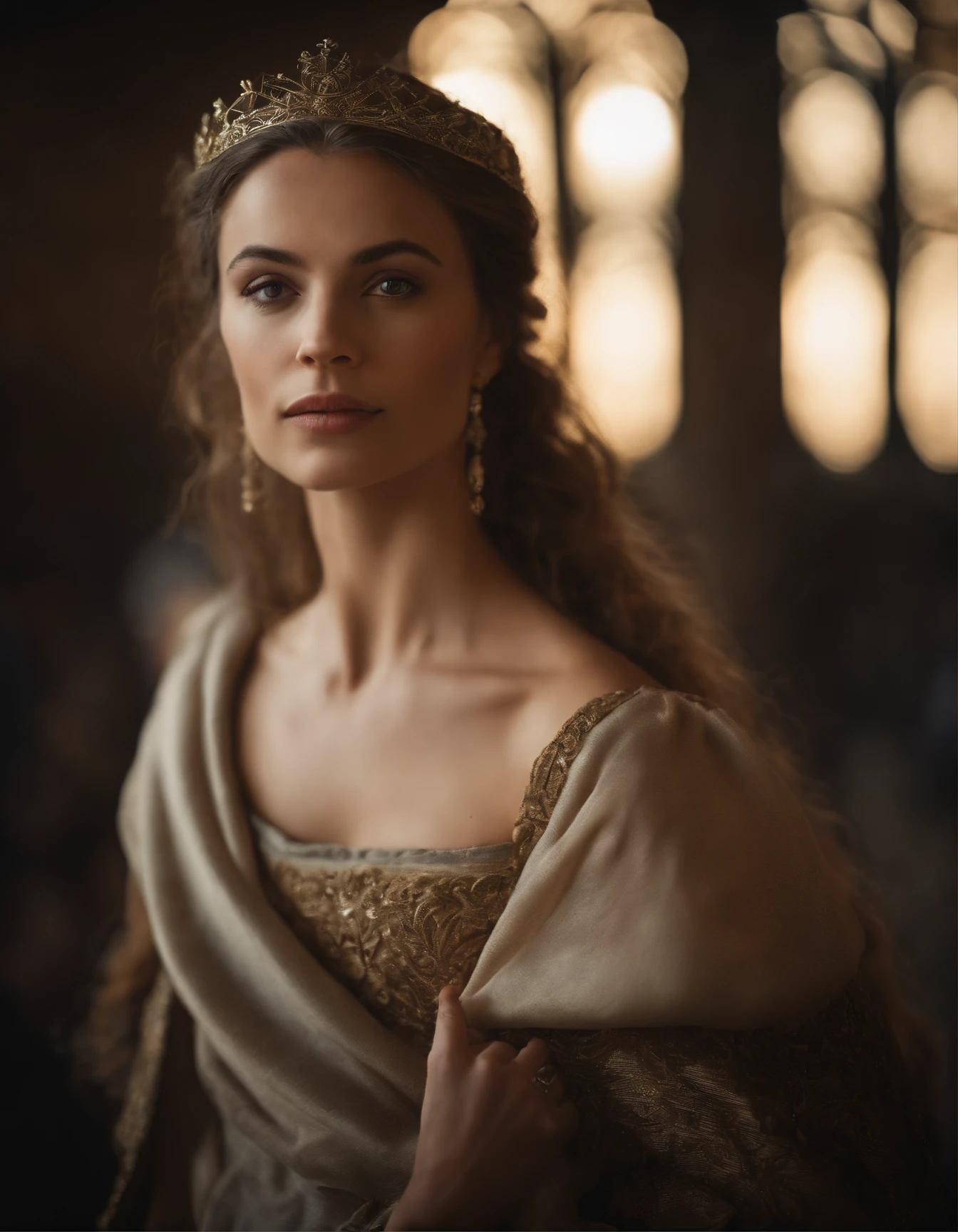 Cinematic portrait, ((Upper body)), Facing the audience, (reality :1.3), most beautiful artwork photo in the world, A woman looks at the camera, European medieval court dresses, Gorgeous, Soft gauze, Detailed beautiful face, Action shooting, (Intricate :1.4), Medieval court background, photograph realistic, CG, Art Station