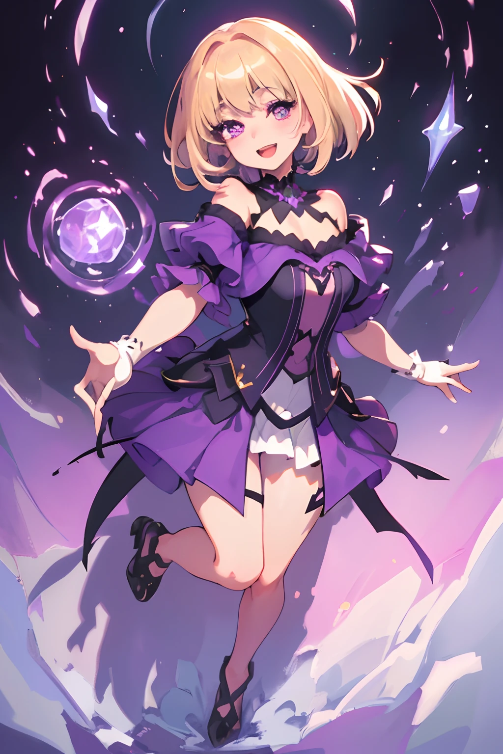 Original Character, Volumetric Lighting, Best Shadows, Shallow Depth of Field, Portrait Of Stunningly Beautiful Girl, "Petite", Delicate Beautiful Attractive Face With Alluring Purple Eyes, Broadly Smiling, Open Mouth, short bob Blond Hair, Blush Eye shadow, Thick Eyelashes, winter, stylish, full body shot, (Highest Quality, Amazing Details:1.25), (Solo:1.3), Brilliant Colorful Paintings