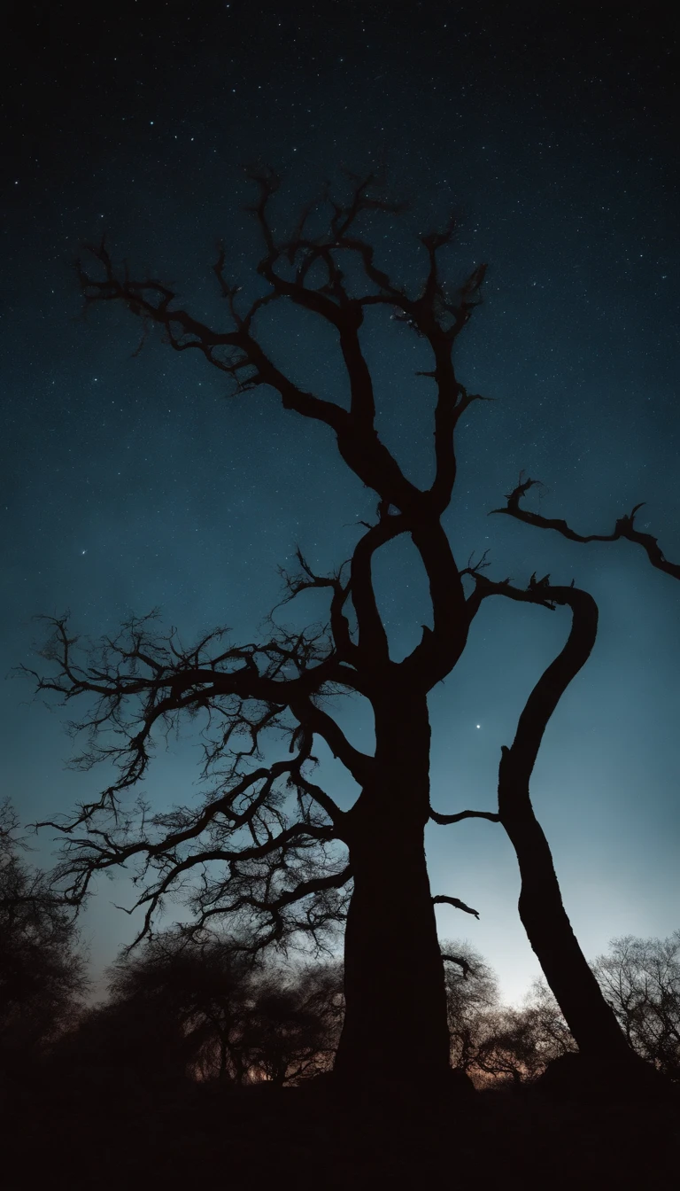 Full moon in the sky, Silhouette of an imposing cosmic tree, figuras abstratas espalhadas por um terreno baldio, each with a unique style, todos com olhos carmesim brilhantes" Uma cena surreal e assombrosa, Where the sky bleeds crimson, casting an ominous glow over the desolate landscape. The silhouette of a colossal cosmic tree stretches towards the heavens, Its branches twisting and reaching like tendrils from another world. In the middle of the barren desert, Uma infinidade de figuras abstratas emerge, their shapes taking on various shapes and sizes. Alguns aparecem como criaturas retorcidas, seus corpos contorcidos e malformados, while others manifest as ethereal specters, Its translucent shapes hovering above the ground. They all share one striking feature - eyes that emanate a sinister crimson light, Breaking through the darkness. The atmosphere is dense with an otherworldly presence, a sense of foreboding that permeates the air. captured with a vintage camera, The photo exhibits a dreamlike quality. Tiro com um Leica M7, usando um filme de cor vibrante como o Kodak Ektar 100, The image is bathed in rich tones, Intensifying the liveliness of the blood-red sky. Uma lente grande angular, como um Leica Summilux-M 35mm f/1.4, was employed to encompass the vastness of the scene, allowing the towering cosmic tree to dominate the frame. Techniques such as long exposure were used to capture the ethereal movements of the multitude of abstract figures, blurring their shapes and adding a touch of surrealism to the composition. Unlikely collaborators who would uniquely juxtapose themselves in this scene include visionary director Guillermo del Toro, renomado diretor de fotografia Roger Deakins, avant-garde photographer Cindy Sherman, O estilista Alexander McQueen, e o cineasta experimental David Lynch. Their distinctive artistic visions and approaches