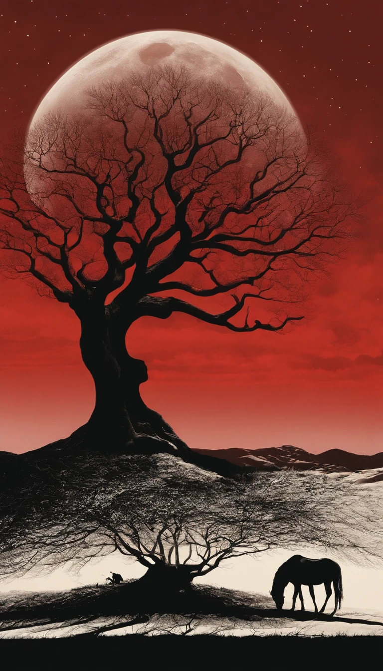 Full moon in the sky, Silhouette of an imposing cosmic tree, figuras abstratas espalhadas por um terreno baldio, each with a unique style, todos com olhos carmesim brilhantes" Uma cena surreal e assombrosa, Where the sky bleeds crimson, casting an ominous glow over the desolate landscape. The silhouette of a colossal cosmic tree stretches towards the heavens, Its branches twisting and reaching like tendrils from another world. In the middle of the barren desert, Uma infinidade de figuras abstratas emerge, their shapes taking on various shapes and sizes. Alguns aparecem como criaturas retorcidas, seus corpos contorcidos e malformados, while others manifest as ethereal specters, Its translucent shapes hovering above the ground. They all share one striking feature - eyes that emanate a sinister crimson light, Breaking through the darkness. The atmosphere is dense with an otherworldly presence, a sense of foreboding that permeates the air. captured with a vintage camera, The photo exhibits a dreamlike quality. Tiro com um Leica M7, usando um filme de cor vibrante como o Kodak Ektar 100, The image is bathed in rich tones, Intensifying the liveliness of the blood-red sky. Uma lente grande angular, como um Leica Summilux-M 35mm f/1.4, was employed to encompass the vastness of the scene, allowing the towering cosmic tree to dominate the frame. Techniques such as long exposure were used to capture the ethereal movements of the multitude of abstract figures, blurring their shapes and adding a touch of surrealism to the composition. Unlikely collaborators who would uniquely juxtapose themselves in this scene include visionary director Guillermo del Toro, renomado diretor de fotografia Roger Deakins, avant-garde photographer Cindy Sherman, O estilista Alexander McQueen, e o cineasta experimental David Lynch. Their distinctive artistic visions and approaches